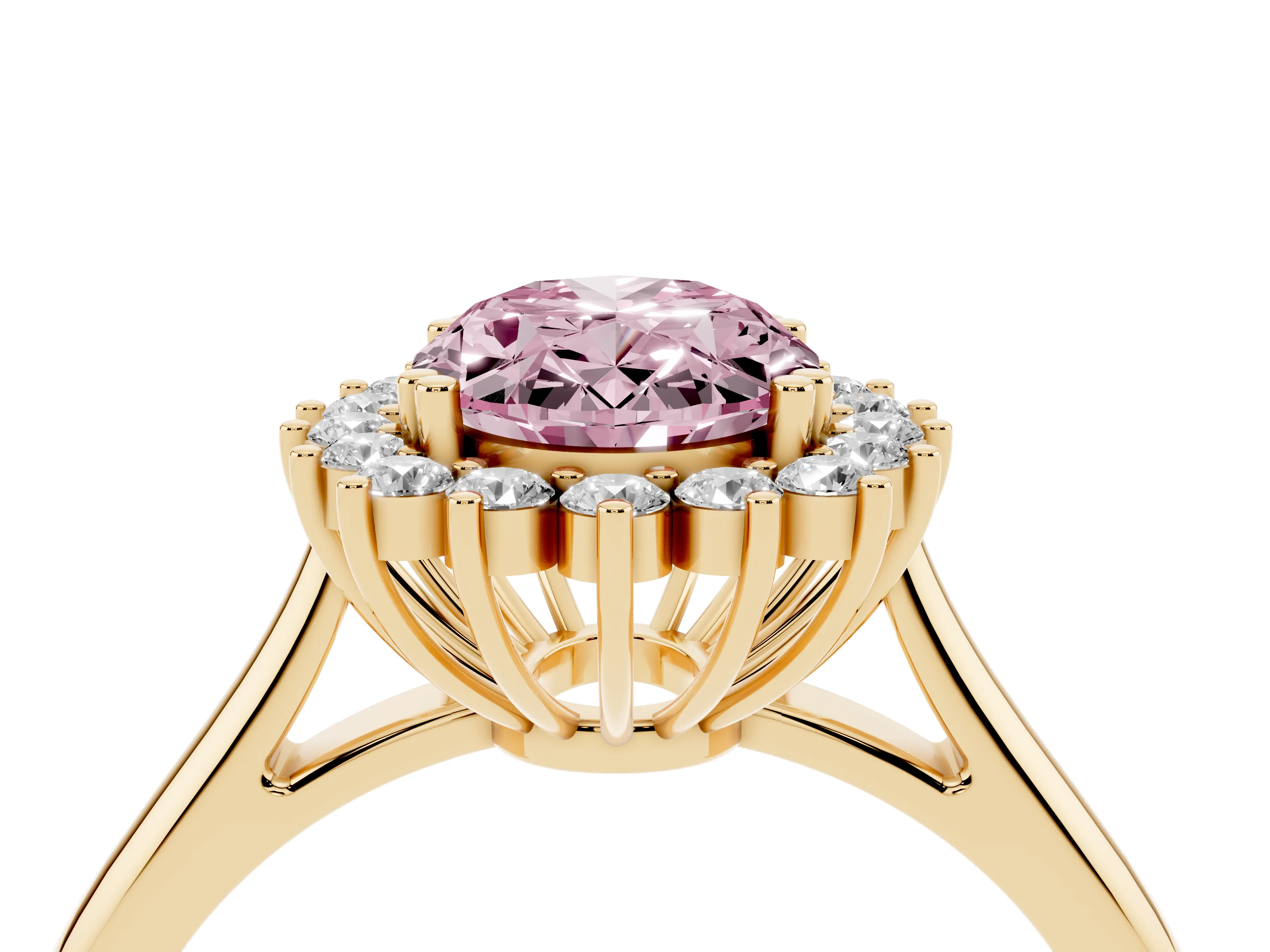 Fancy Pink Oval Cut Diamond Halo Ring Set in Yellow gold with Plain Solitaire Band and Prong Setting