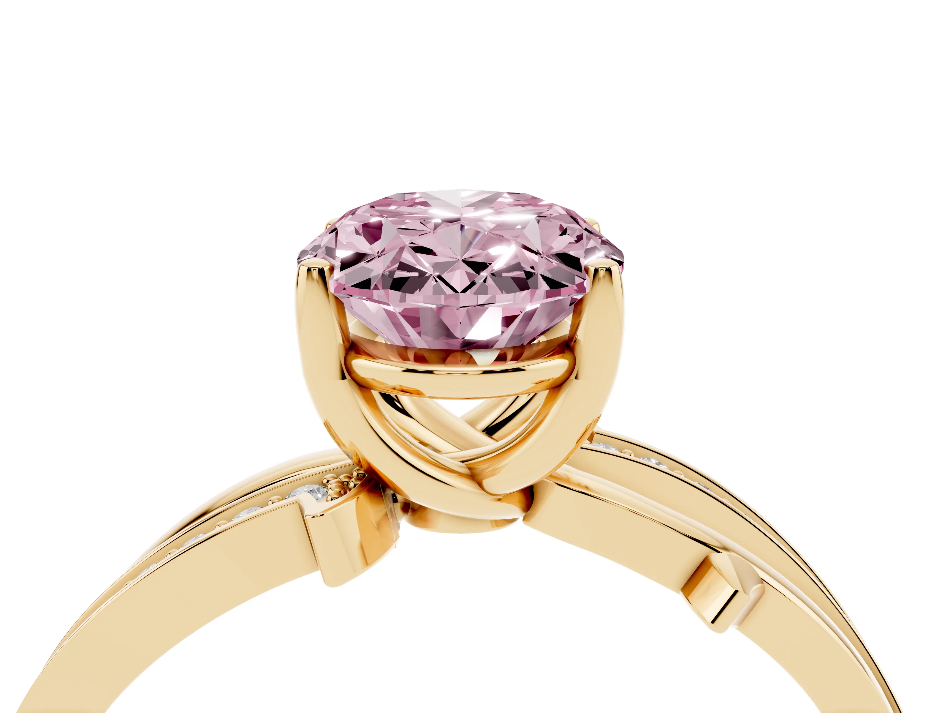 Fancy Pink Oval Cut Diamond Pavé Twist Band Solitaire Ring Set in Yellow gold with Prong Setting
