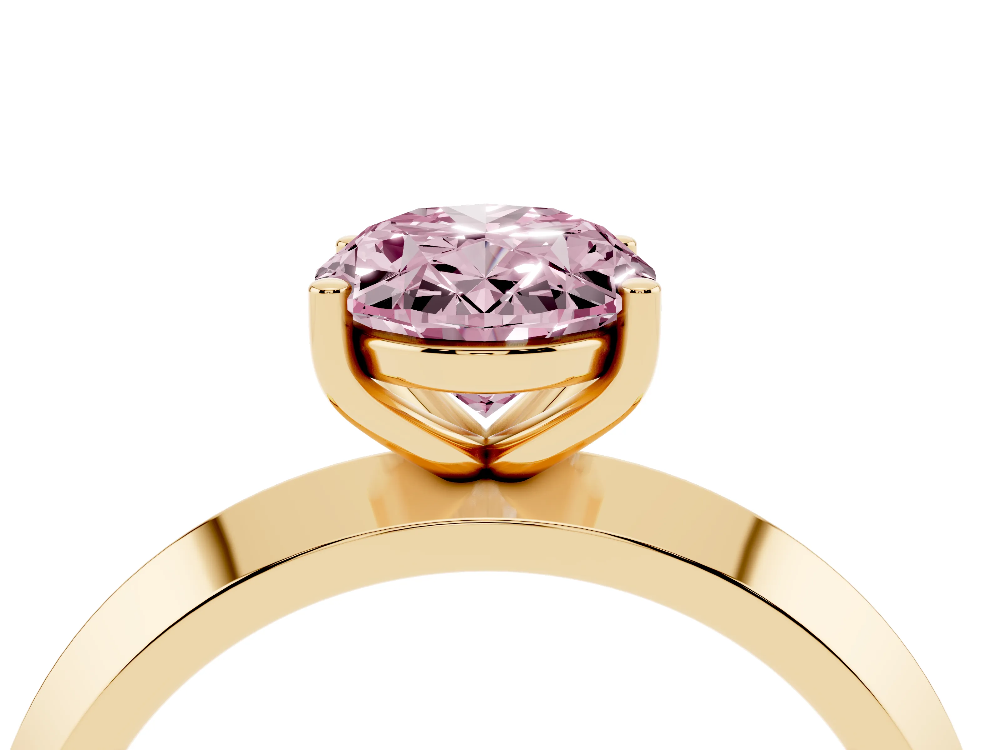 Fancy Pink Oval Cut Diamond Solitaire Engagement Ring Set in Yellow gold with Flat Band and Prong Setting
