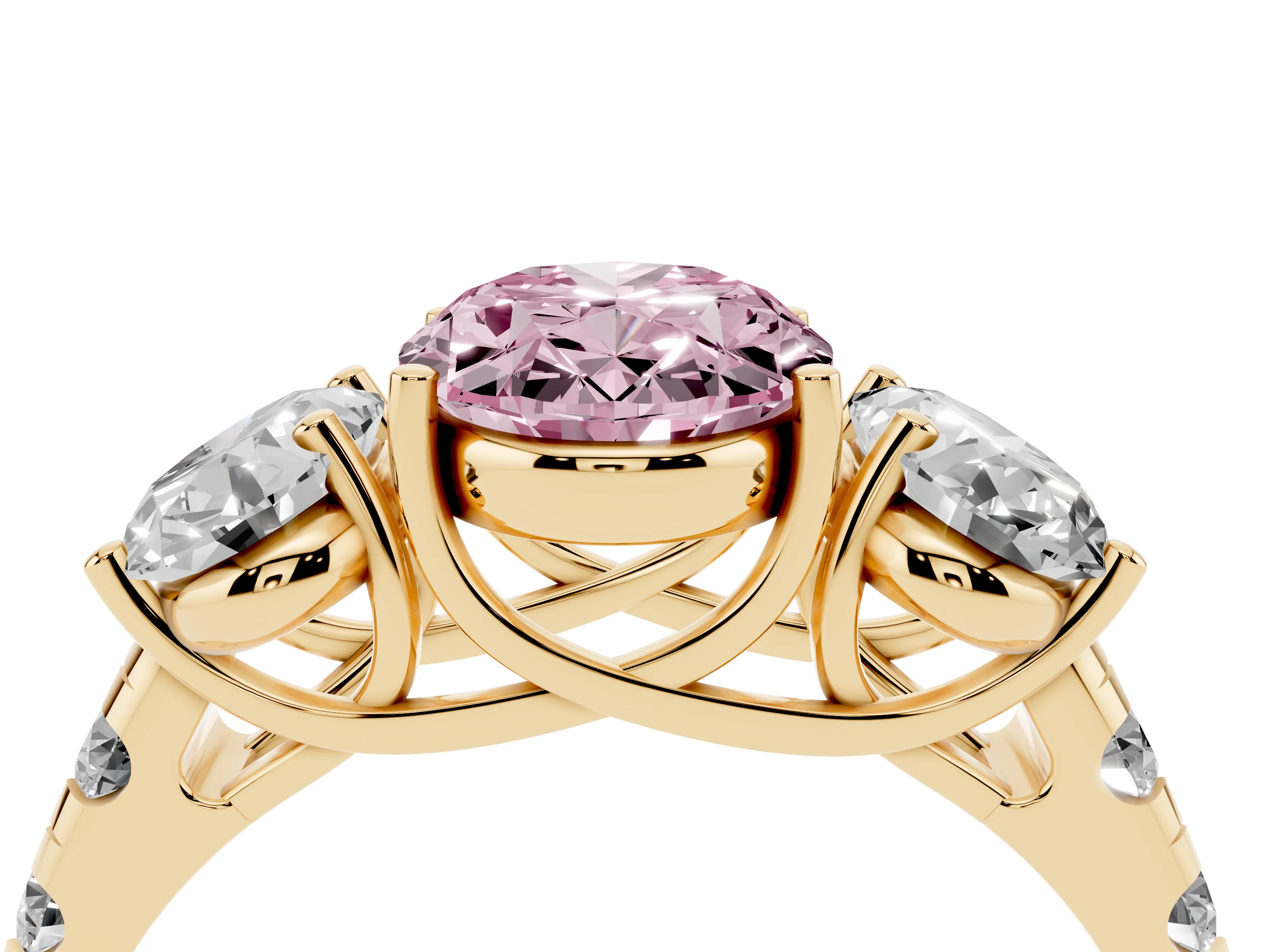 Fancy Pink Oval Cut Diamond Three-Stone Ring Set in Yellow gold with Pavé Band