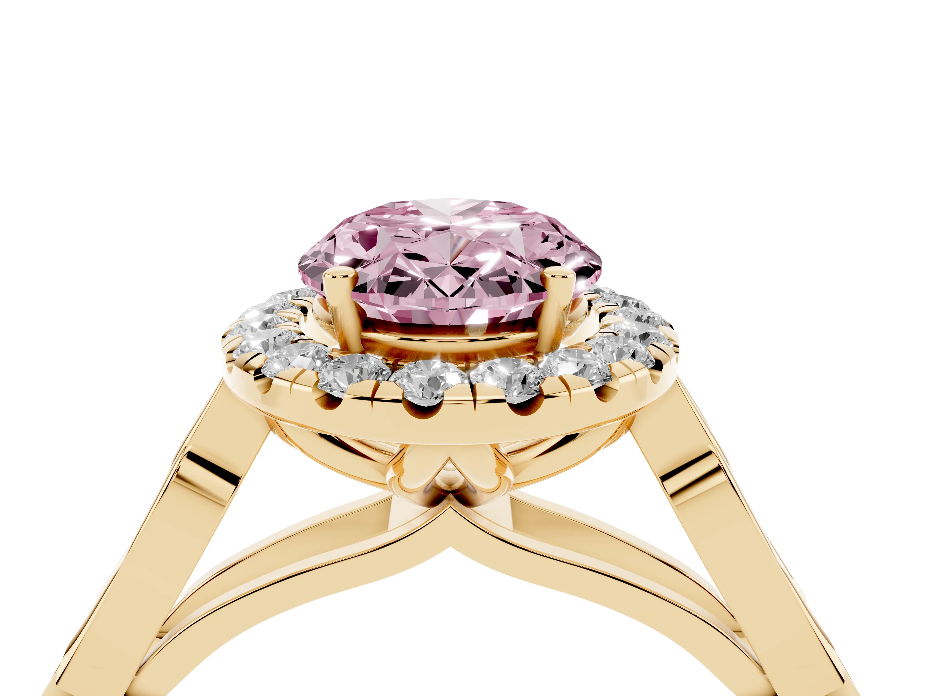 Fancy Pink Oval Cut Diamond Halo Engagement Ring Set in Yellow gold with Filigree Band and Prong-Set Center