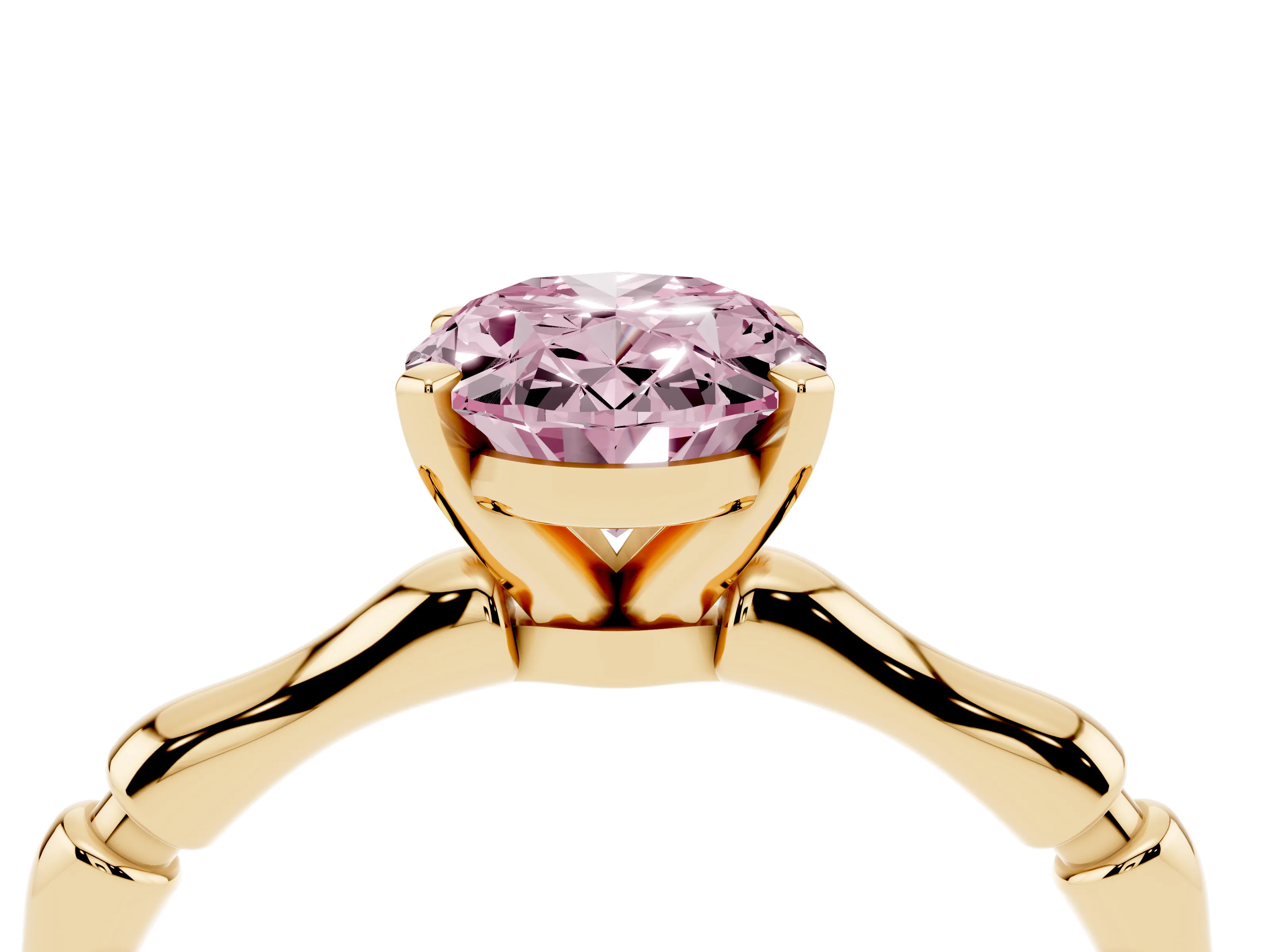 Fancy Pink Oval Cut Diamond Solitaire Ring Set in Yellow gold with Bamboo Band and Prong Setting
