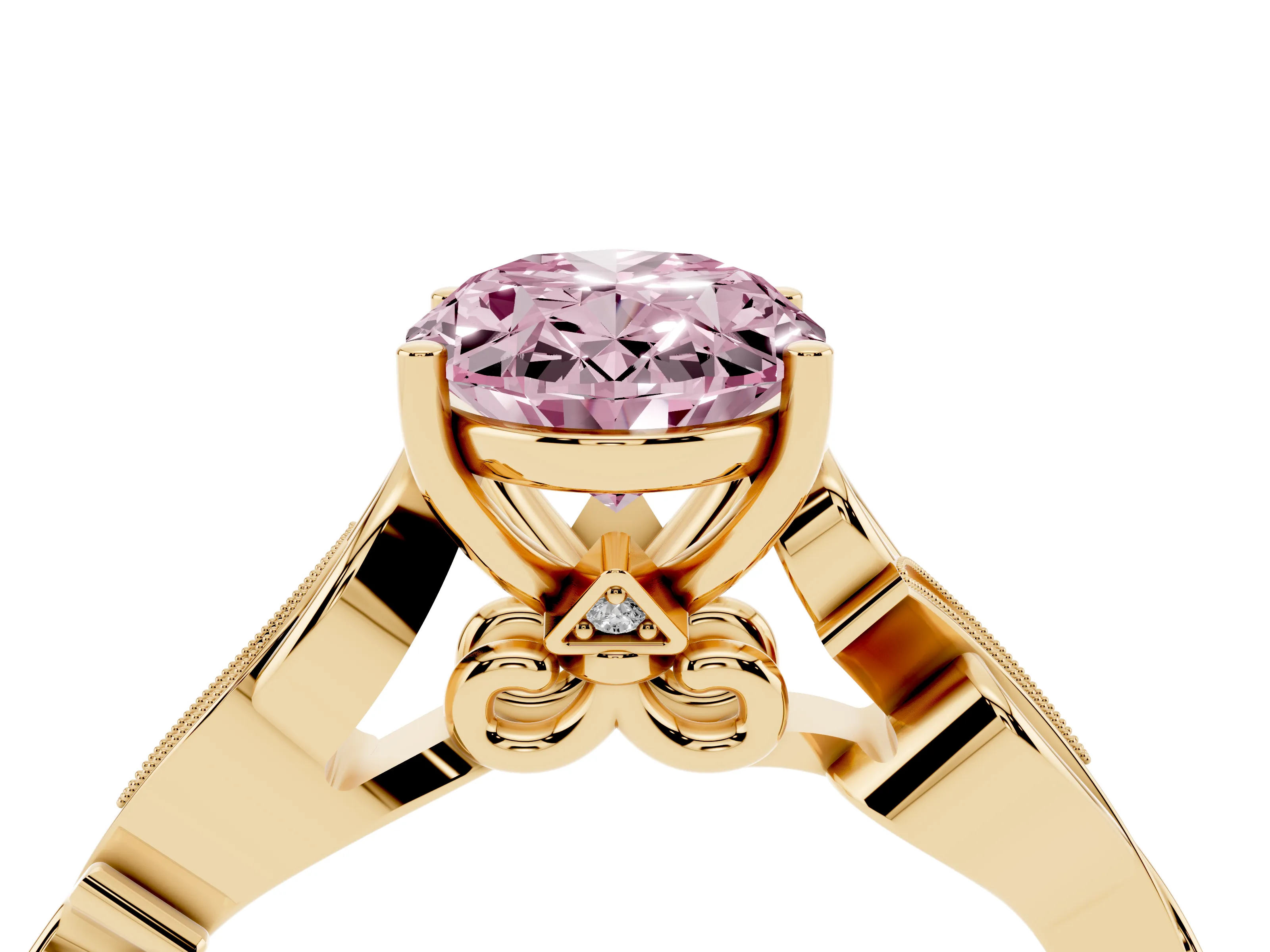 Fancy Pink Oval Cut Diamond Vine Band Solitaire Ring Set in Yellow gold with Milgrain Prong Setting