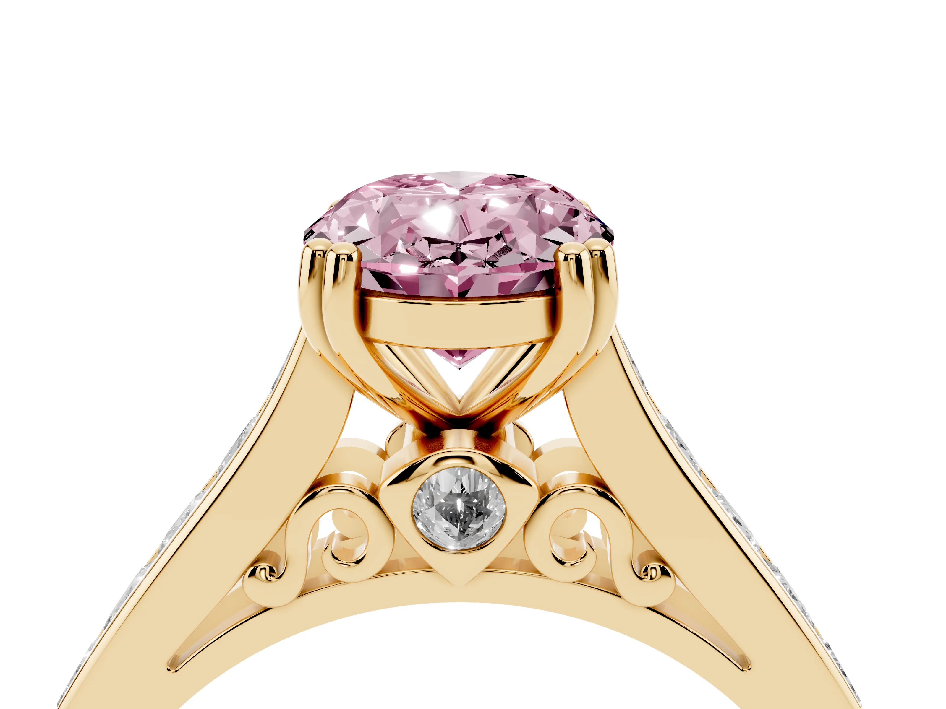 Fancy Pink Oval Cut Diamond Channel Set Solitaire Engagement Ring Set in Yellow gold with Prong Setting