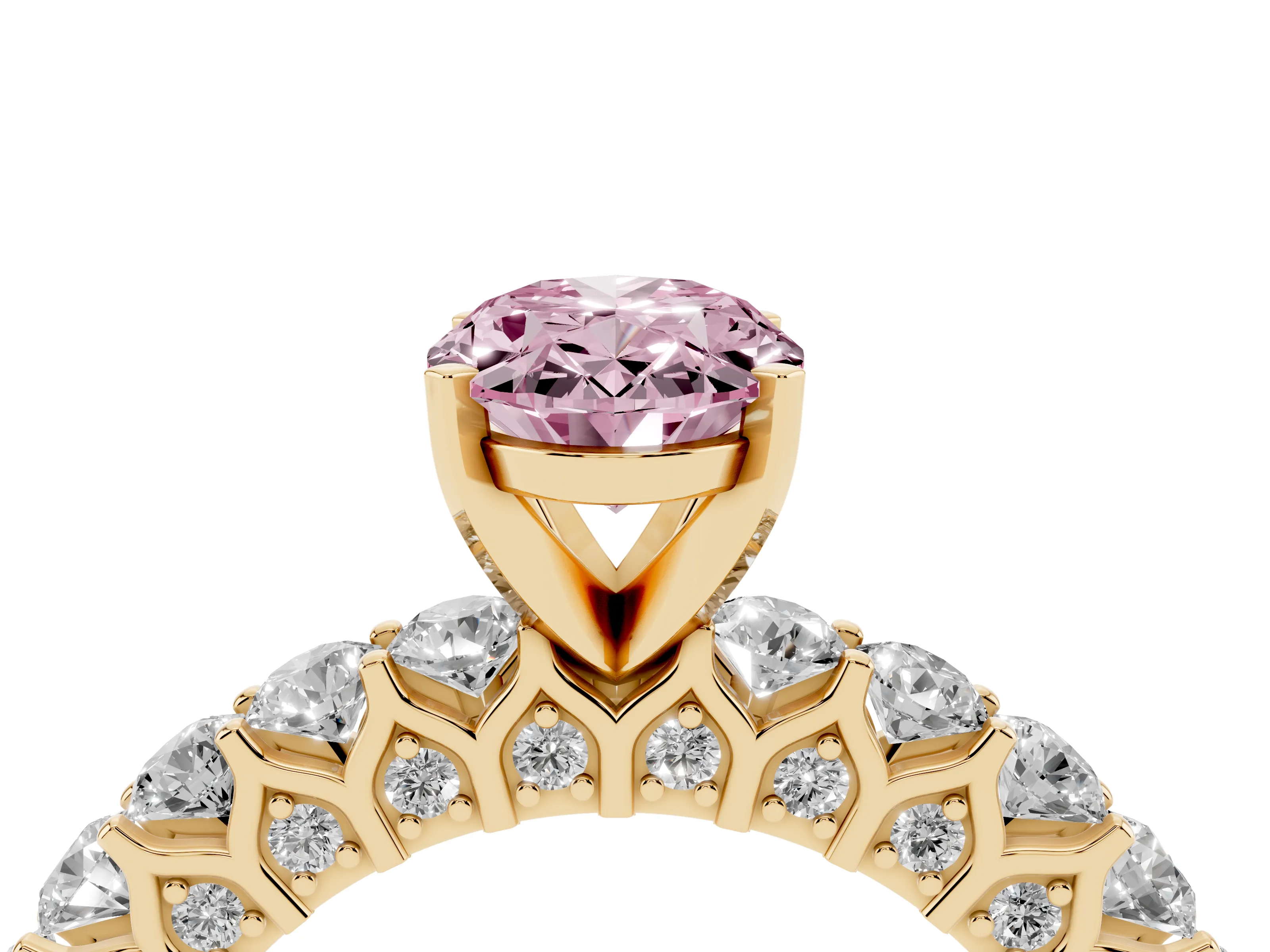 Fancy Pink Oval Cut Diamond Solitaire Ring Set in Yellow gold with Shared Prong Pavé Band