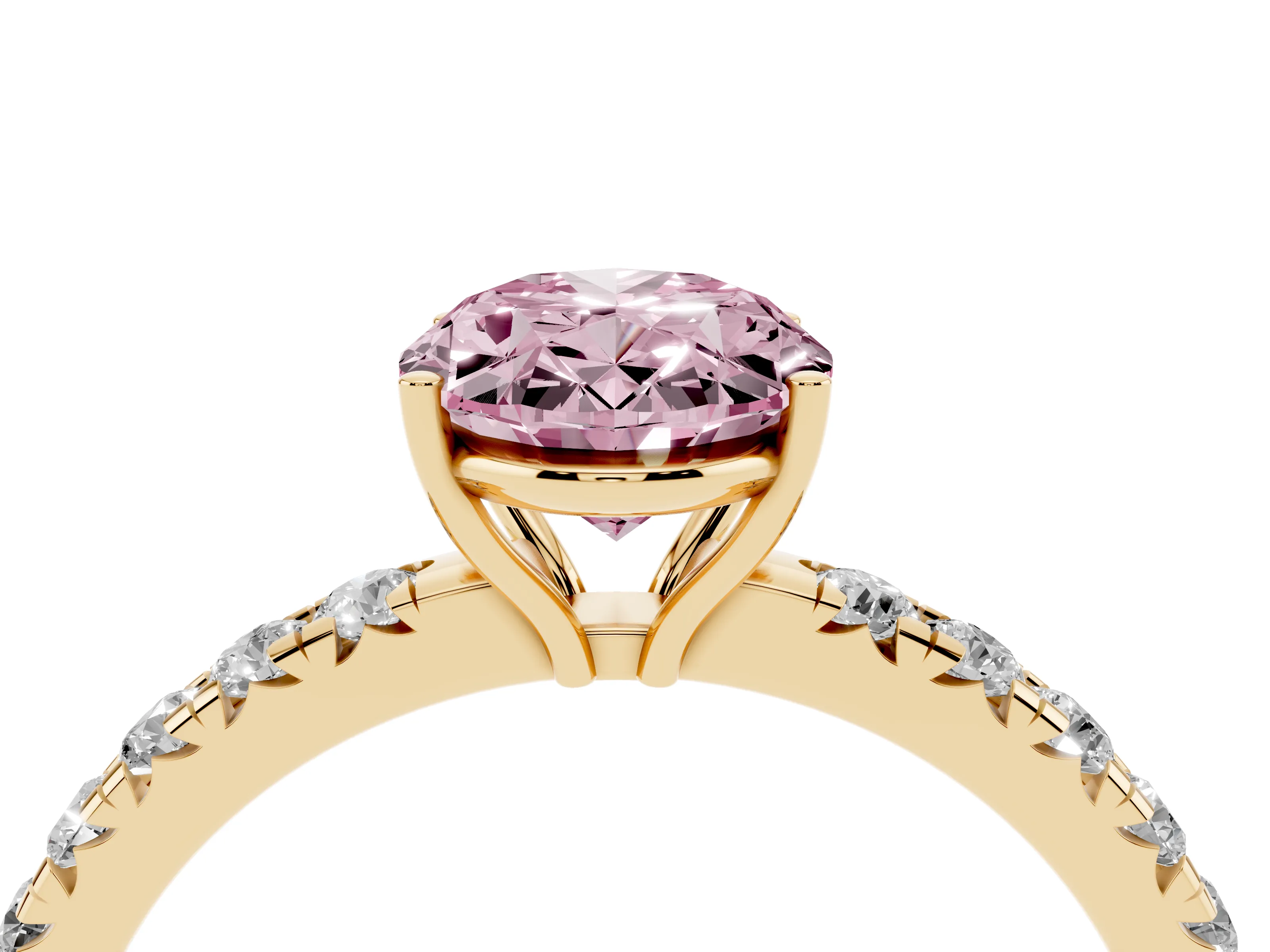 Fancy Pink Oval Cut Diamond Pavé Solitaire Engagement Ring Set in Yellow gold with Prong Setting