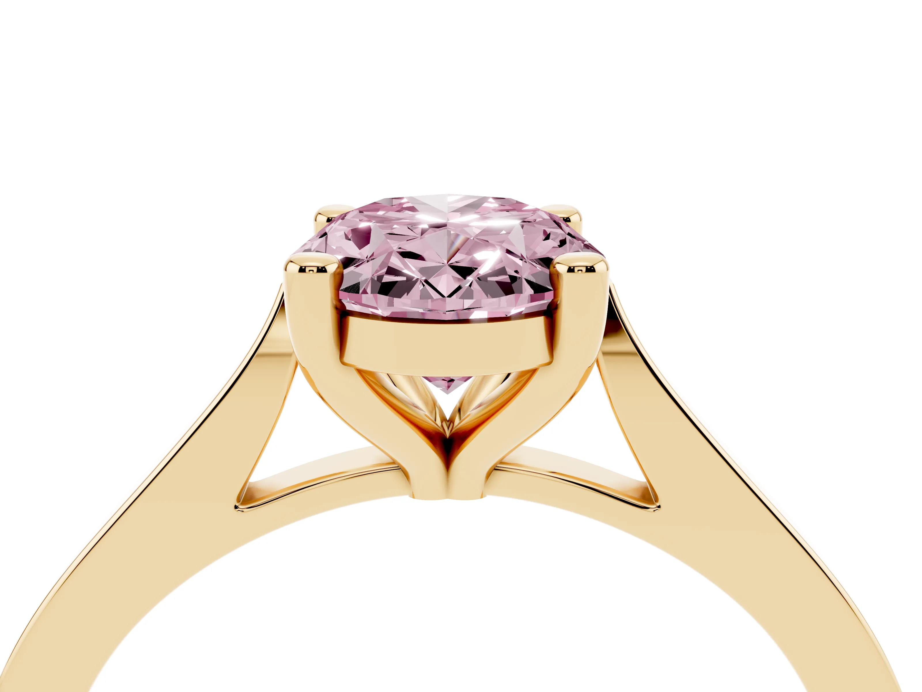 Fancy Pink Oval Cut Diamond Solitaire Ring Set in Yellow gold with Prong Setting and Tapered Band