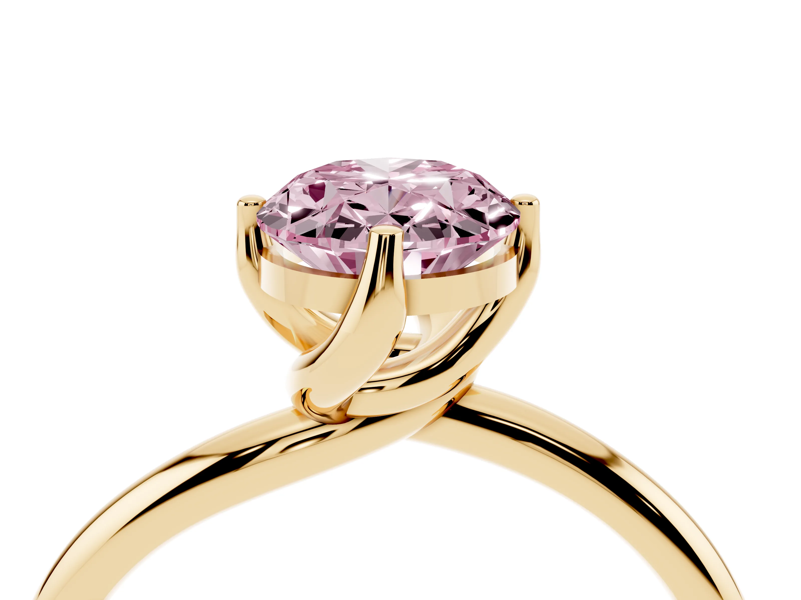 Fancy Pink Oval Cut Diamond Solitaire Engagement Ring Set in Yellow gold with Classic Plain Band