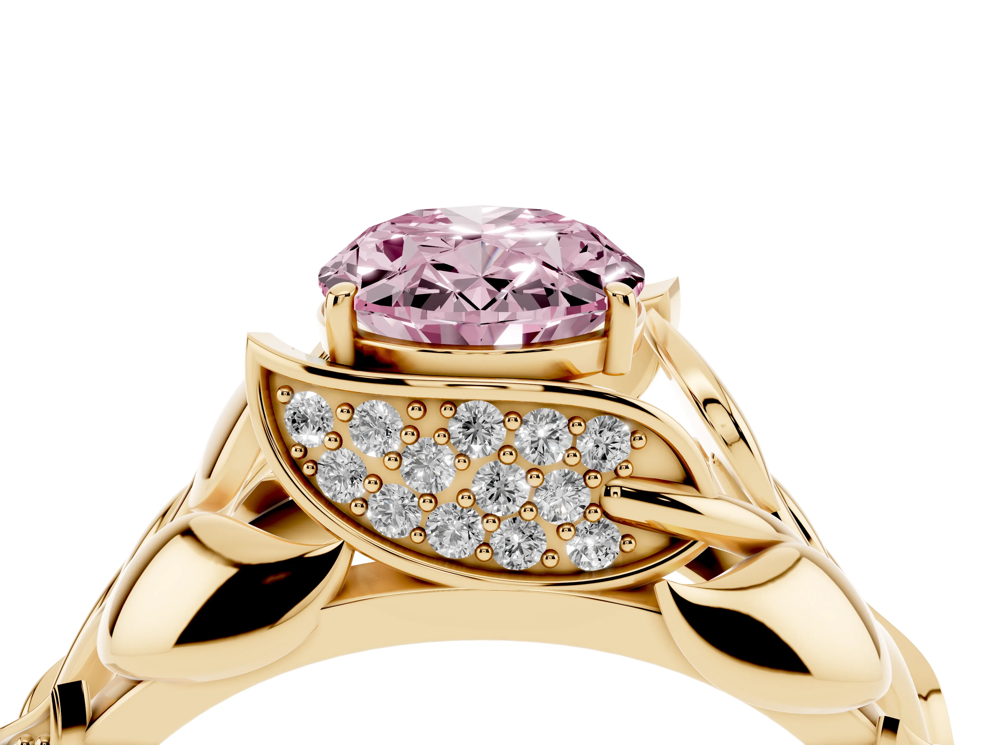 Fancy Pink Oval Cut Diamond Leaf-Inspired Engagement Ring Set in Yellow gold with Round Accents