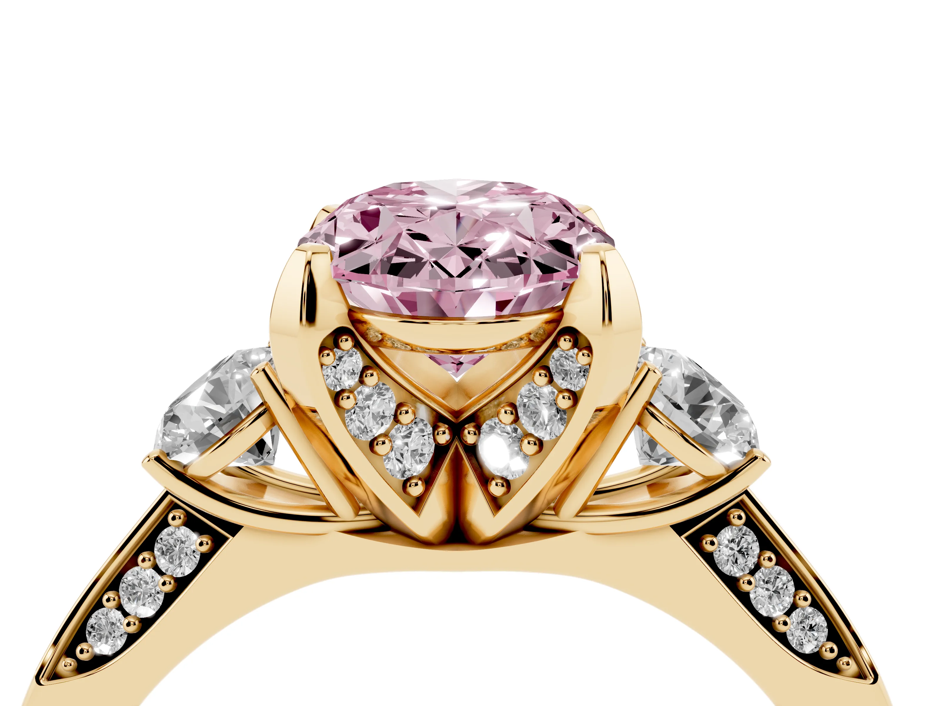 Fancy Pink Oval Cut Diamond Three-Stone Ring Set in Yellow gold with Pavé Band and Smaller Side Stones