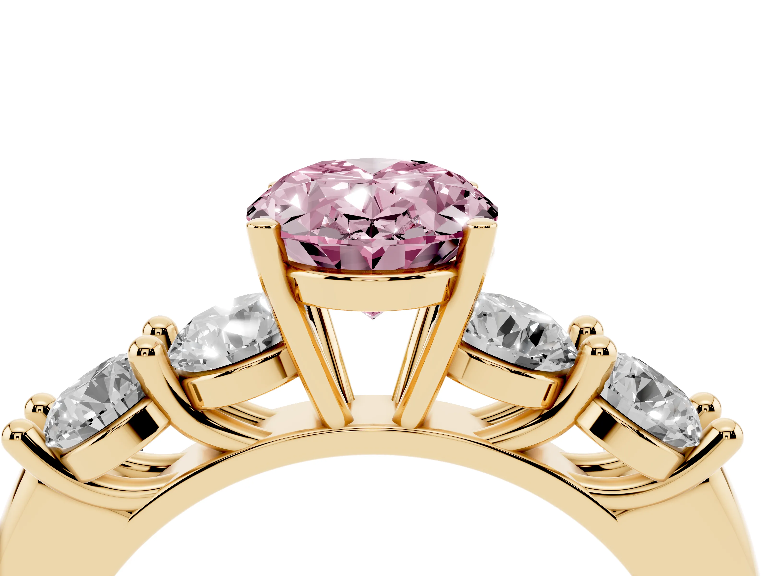 Fancy Pink Oval Cut Diamond Five-Stone Prong Set Ring Set in Yellow gold with Classic Band