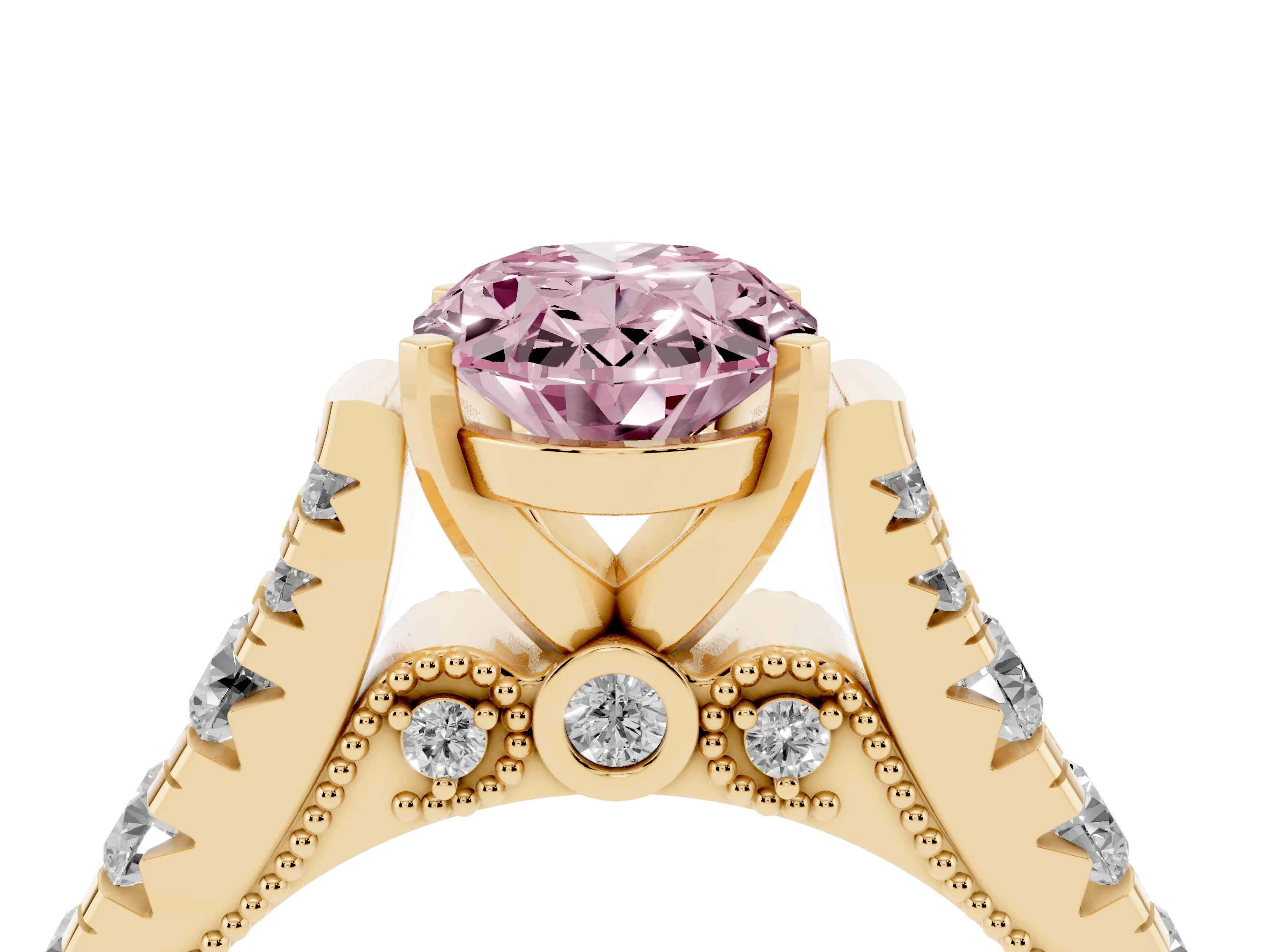 Fancy Pink Oval Cut Diamond Classic Solitaire Ring Set in Yellow gold with Pavé Band and Prong Setting