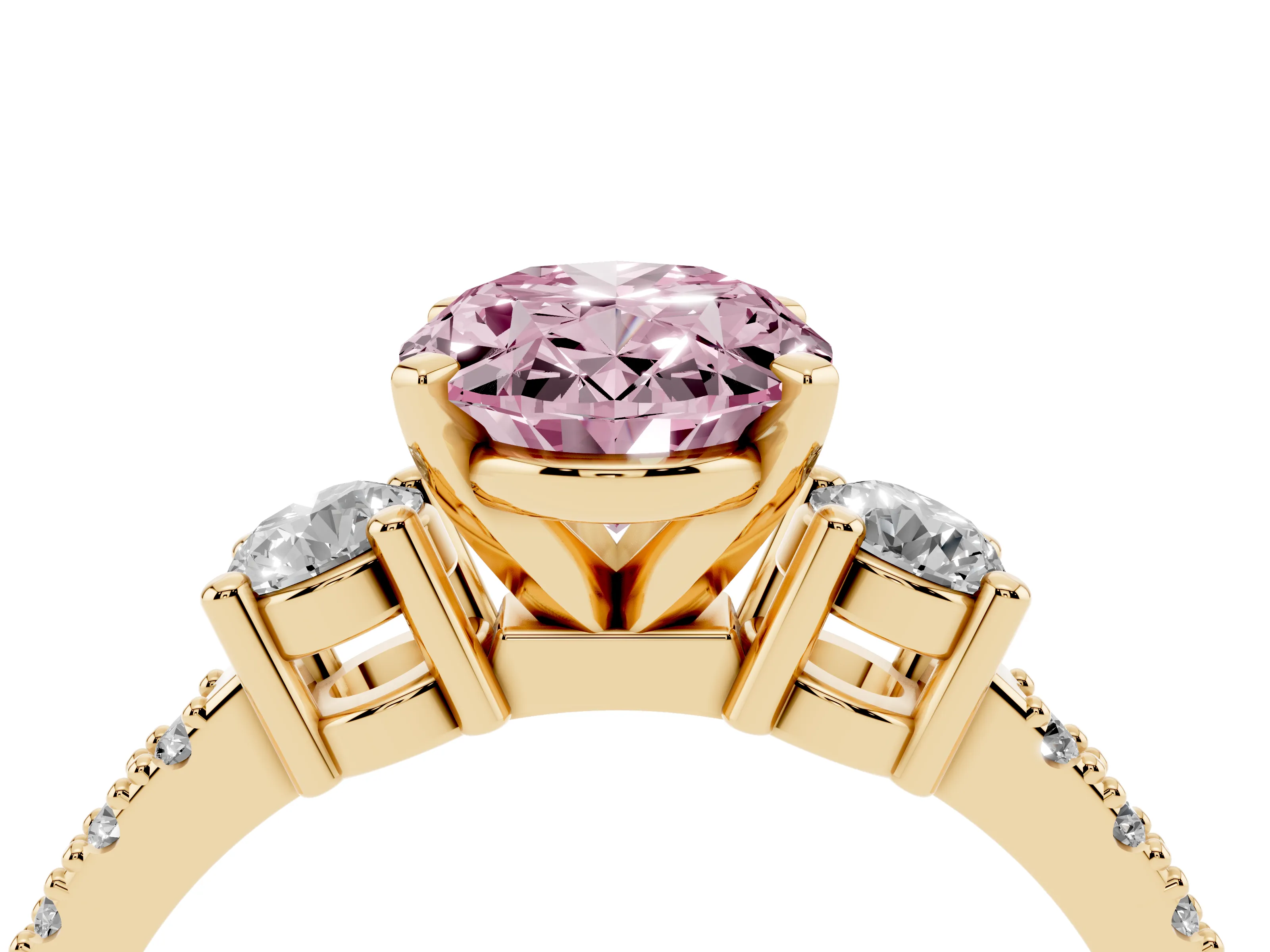 Fancy Pink Three-Stone Oval Cut Diamond Pavé Band Ring Set in Yellow gold with Prong Setting