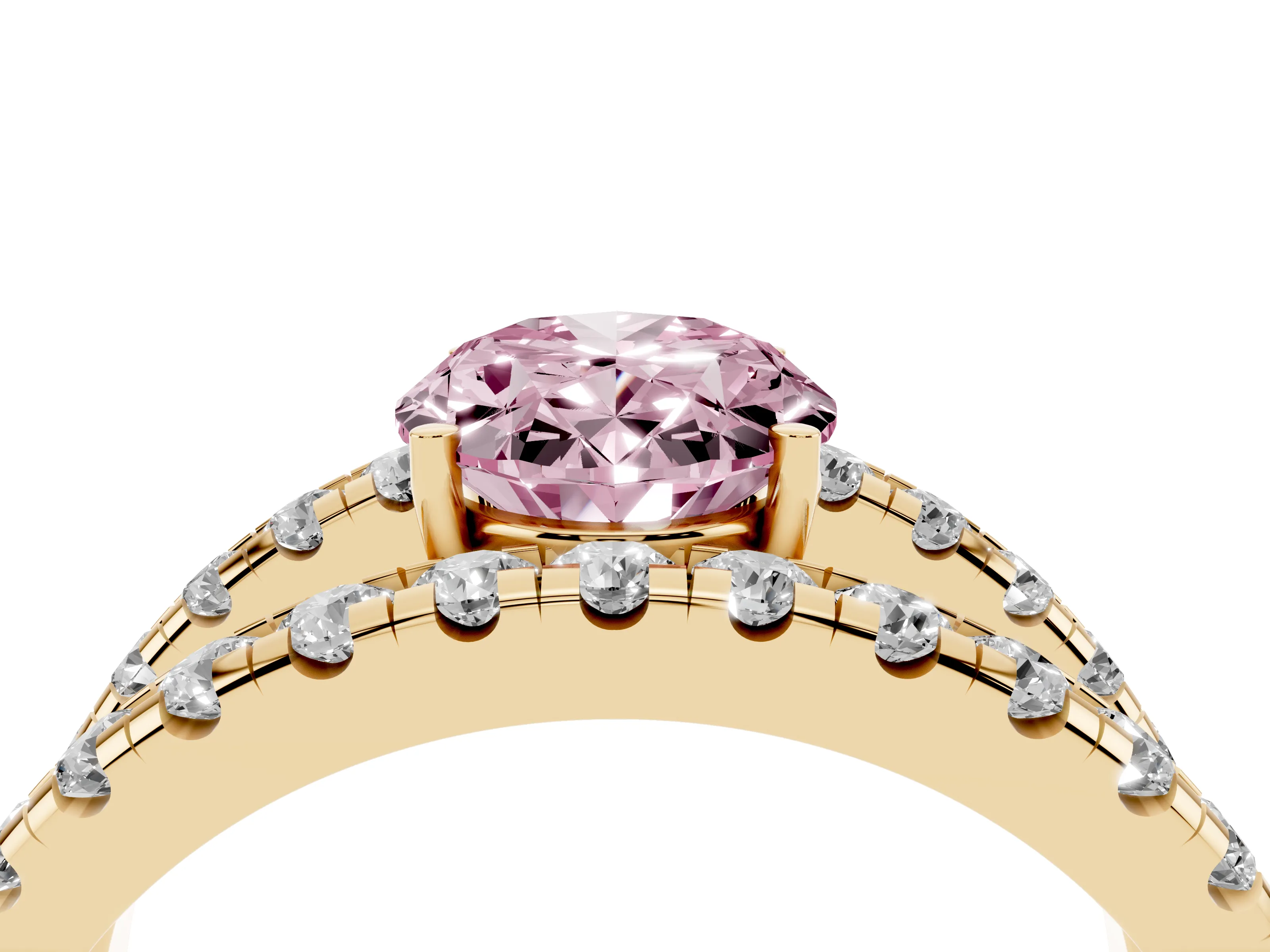 Fancy Pink Oval Cut Diamond Split Shank Pavé Solitaire Ring Set in Yellow gold with Open Shank Design