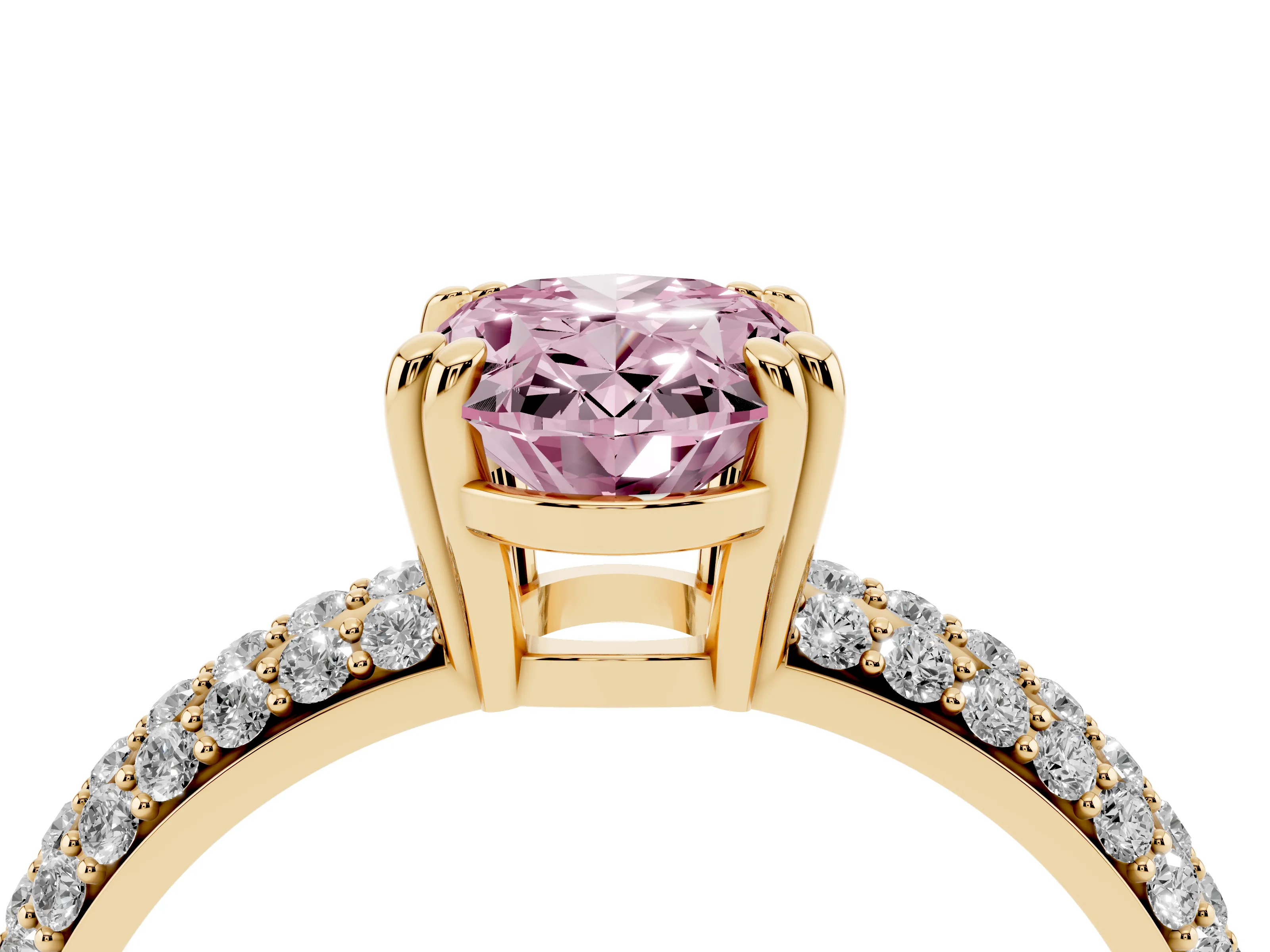 Fancy Pink Oval Cut Diamond Solitaire Ring Set in Yellow gold with Multi-Row Round Pavé Band and Prong Setting