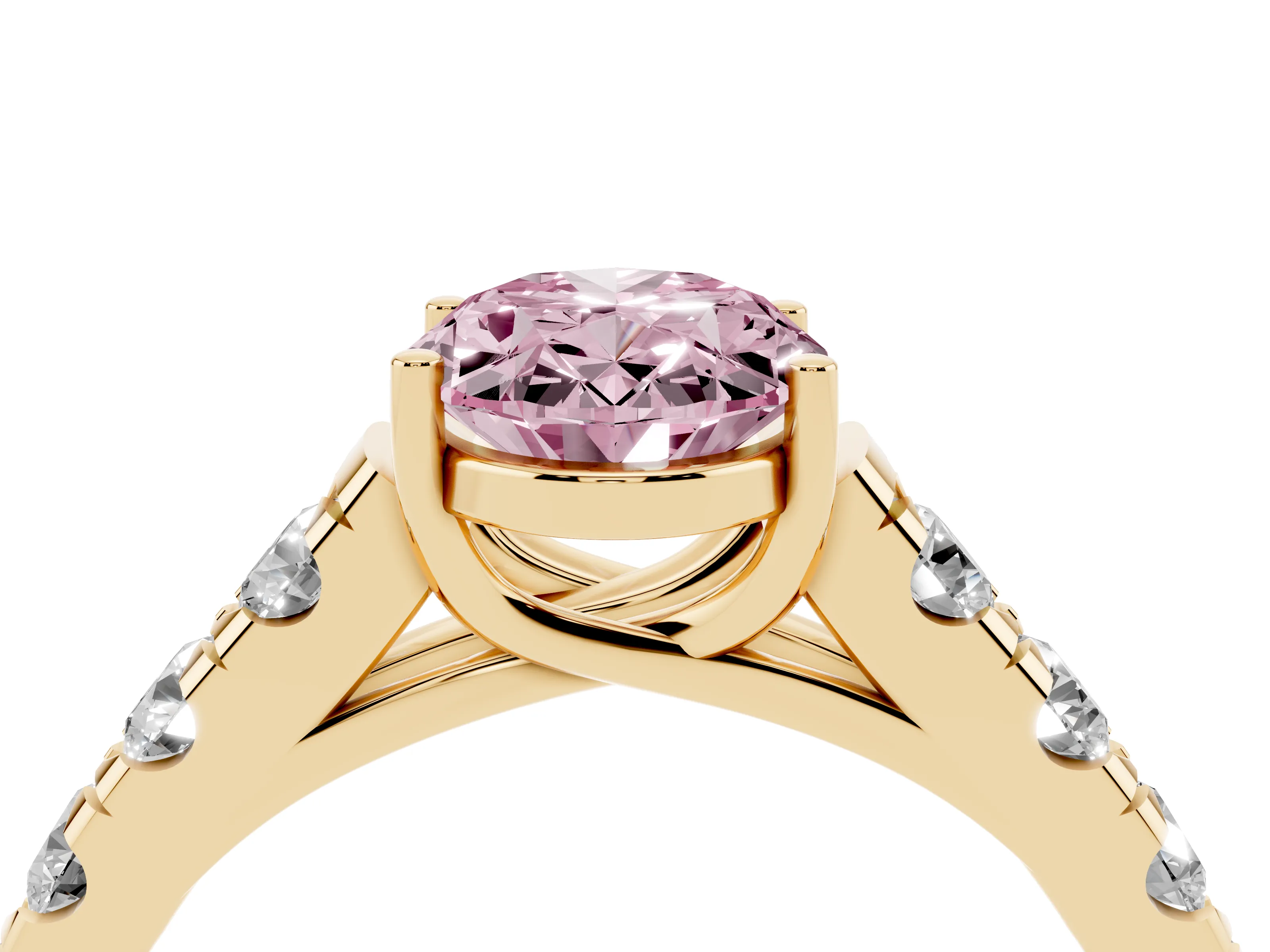 Fancy Pink Oval Cut Diamond Solitaire Ring Set in Yellow gold with Cut-Down Micro Pavé Band and Prong Setting