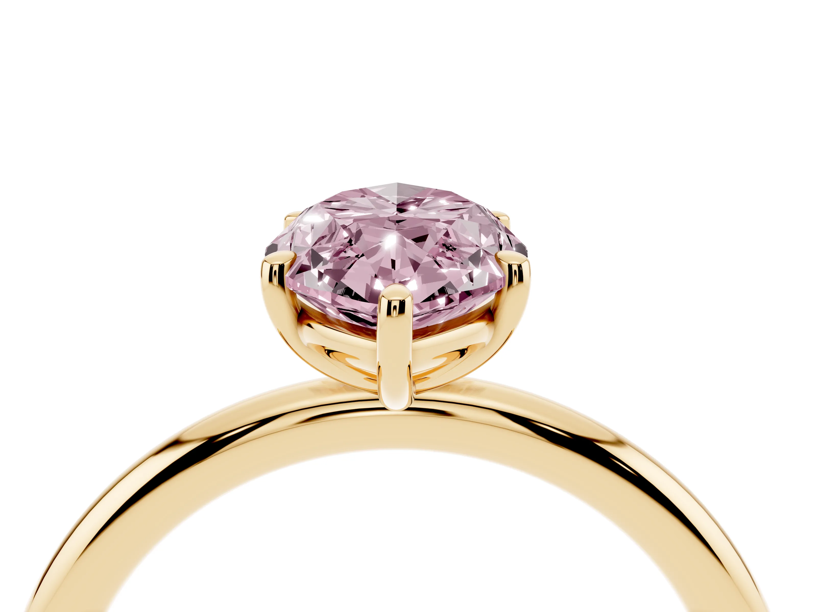 Fancy Pink Oval Cut Diamond Solitaire Ring Set in Yellow gold with Prong Setting on a Polished Plain Band
