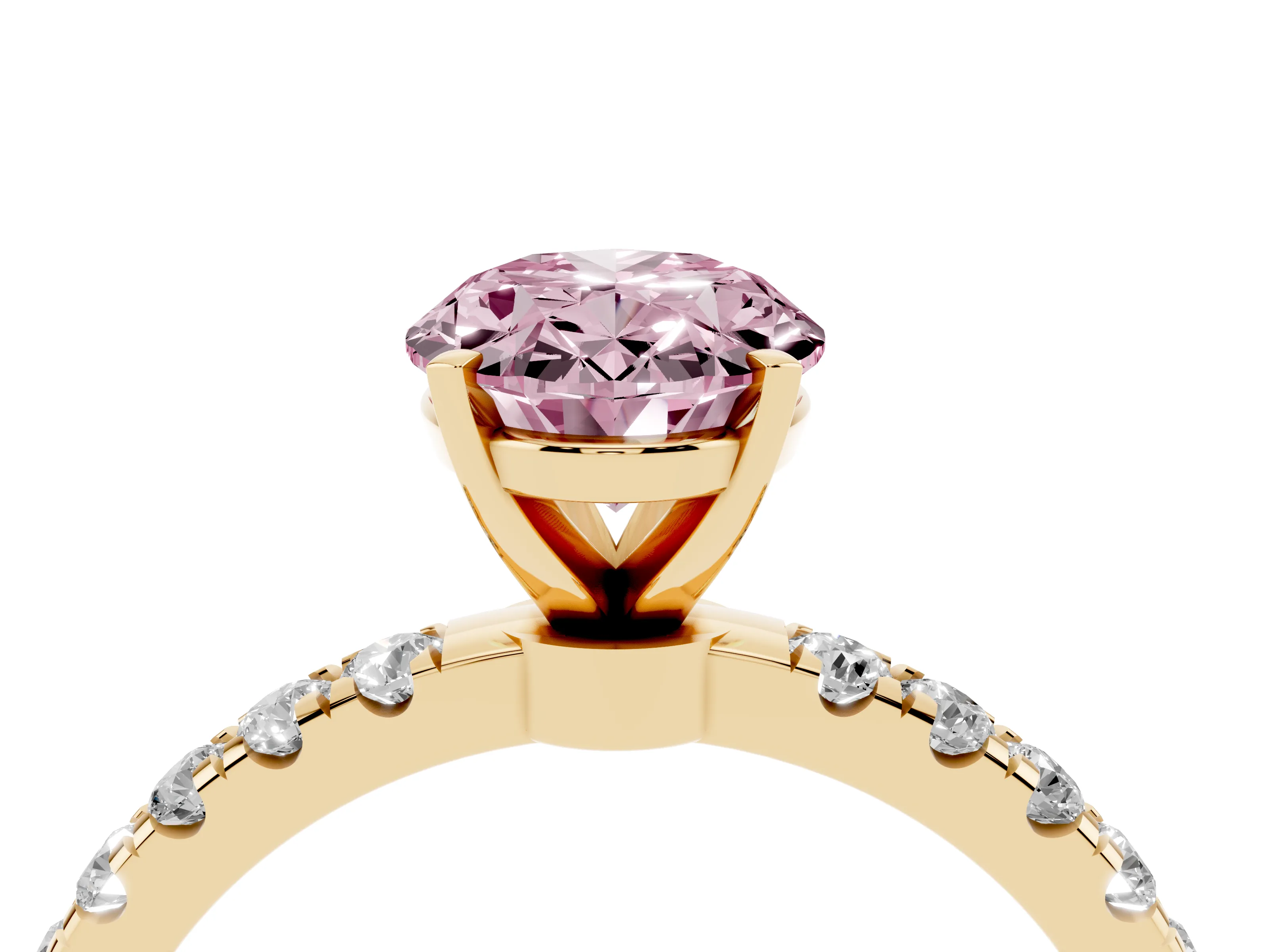 Fancy Pink Oval Cut Diamond Solitaire Ring Set in Yellow gold with Pavé Accents and Prong Setting