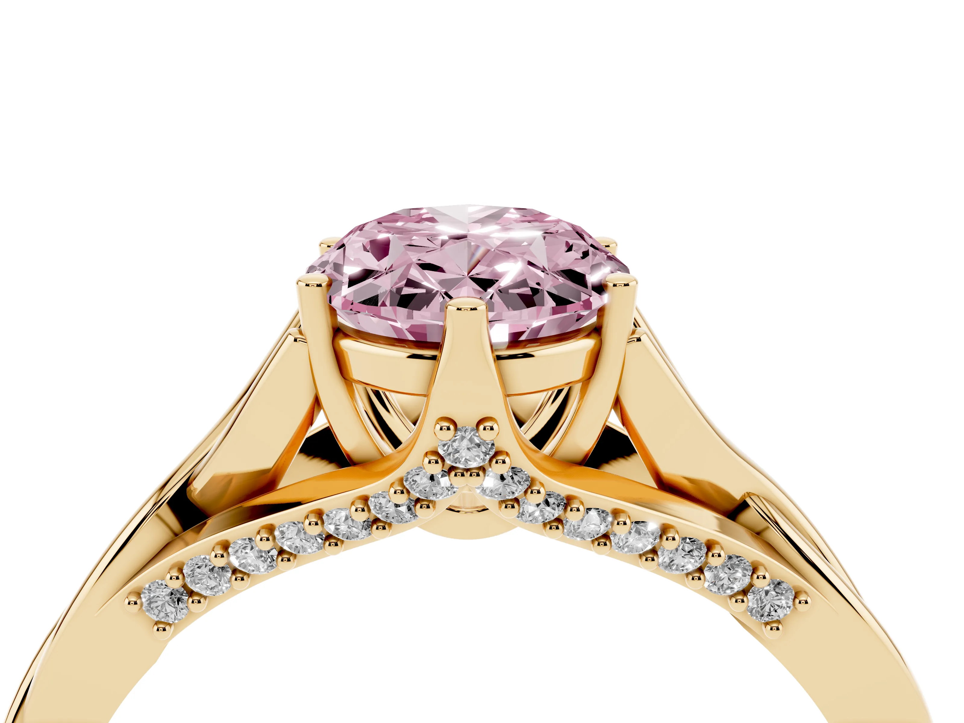Fancy Pink Oval Cut Diamond Intertwined Twist Band Solitaire Ring Set in Yellow gold with Prong Setting