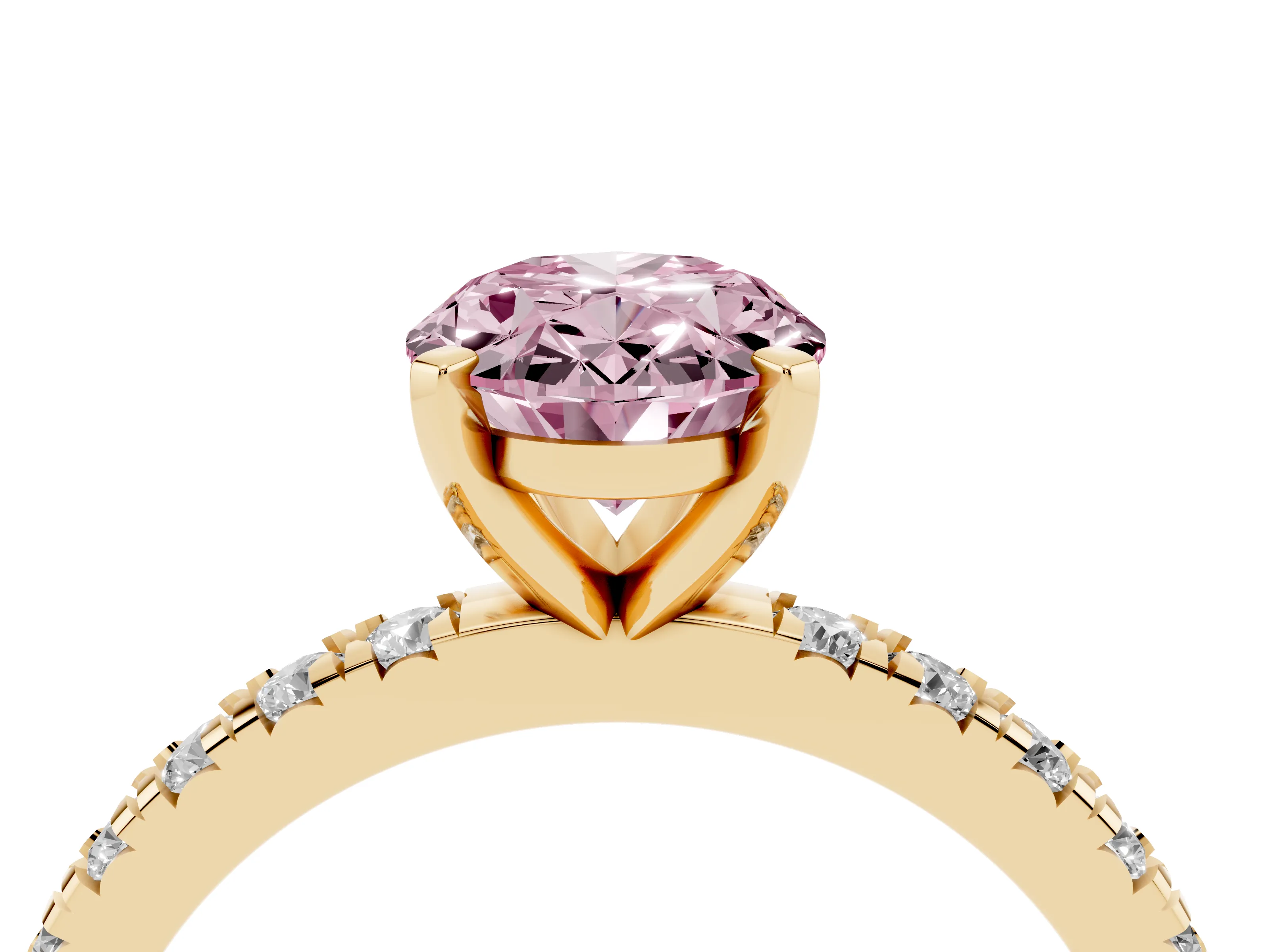 Fancy Pink Oval Cut Diamond Pavé Band Solitaire Set in Yellow gold with Prong Setting