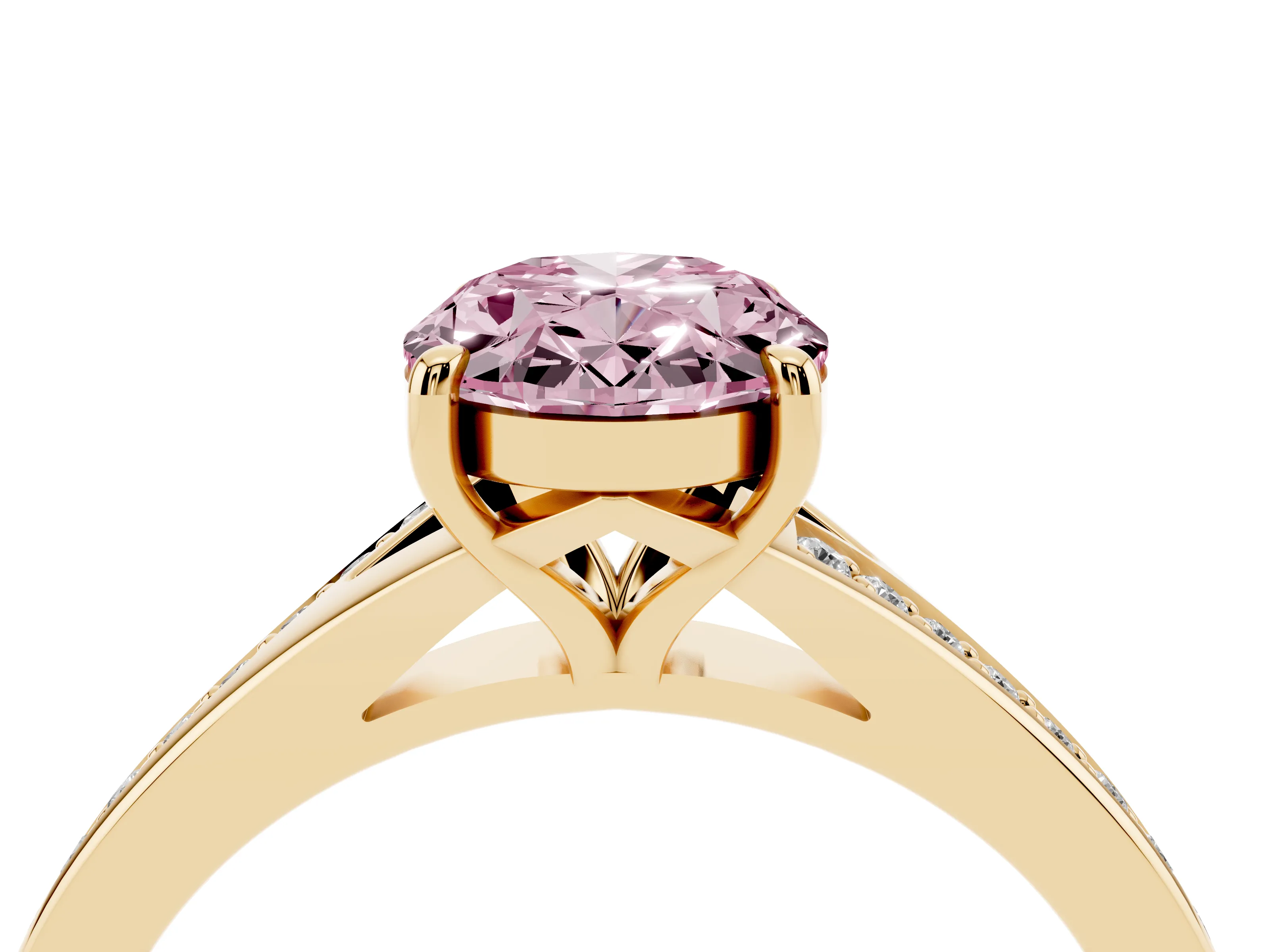 Fancy Pink Oval Cut Diamond Solitaire Ring Set in Yellow gold with Pavé Accent Band and Classic Prong Setting