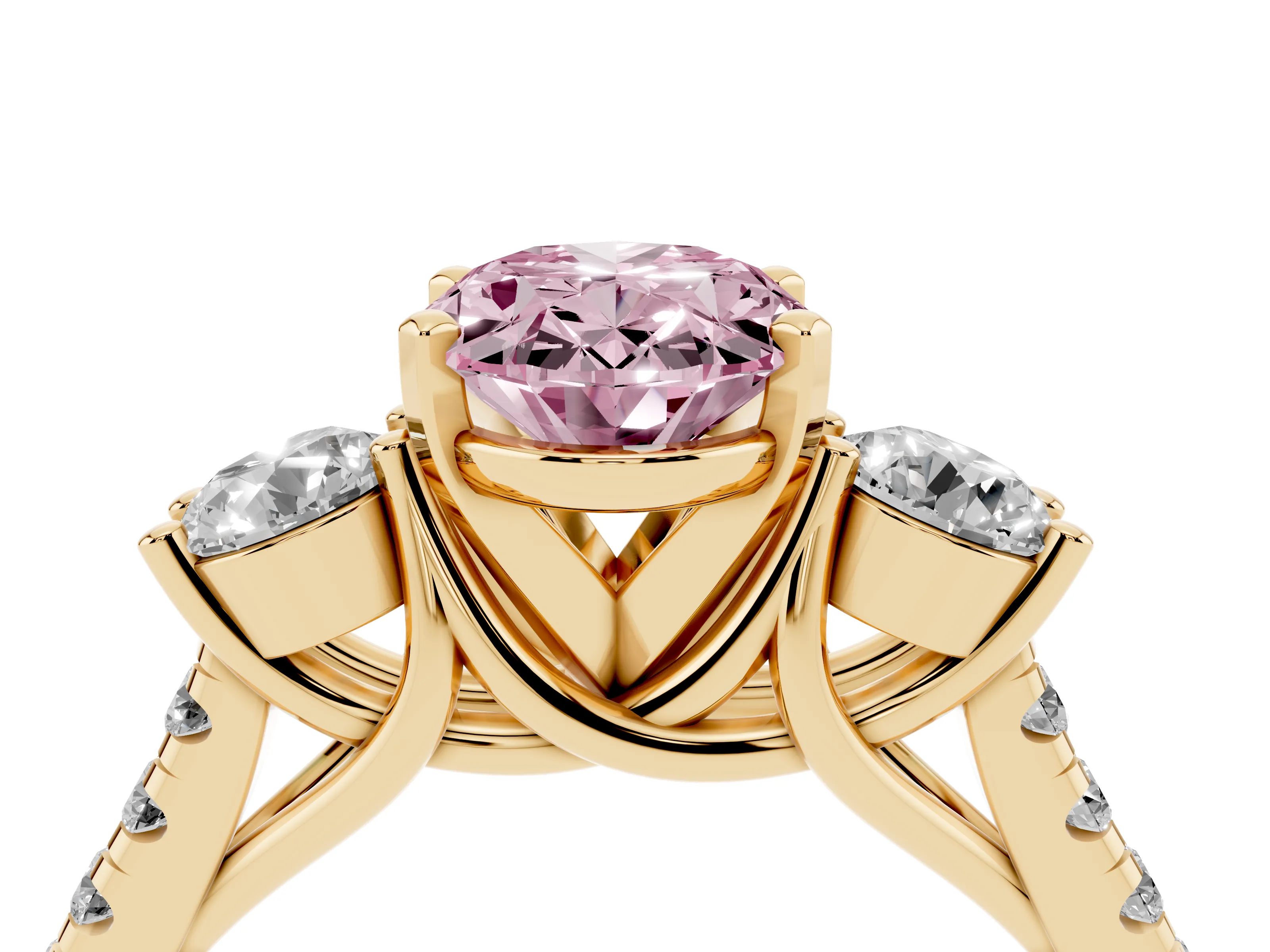 Fancy Pink Three-Stone Oval Cut Diamond Pavé Band Ring Set in Yellow gold with Prong-Set Trio