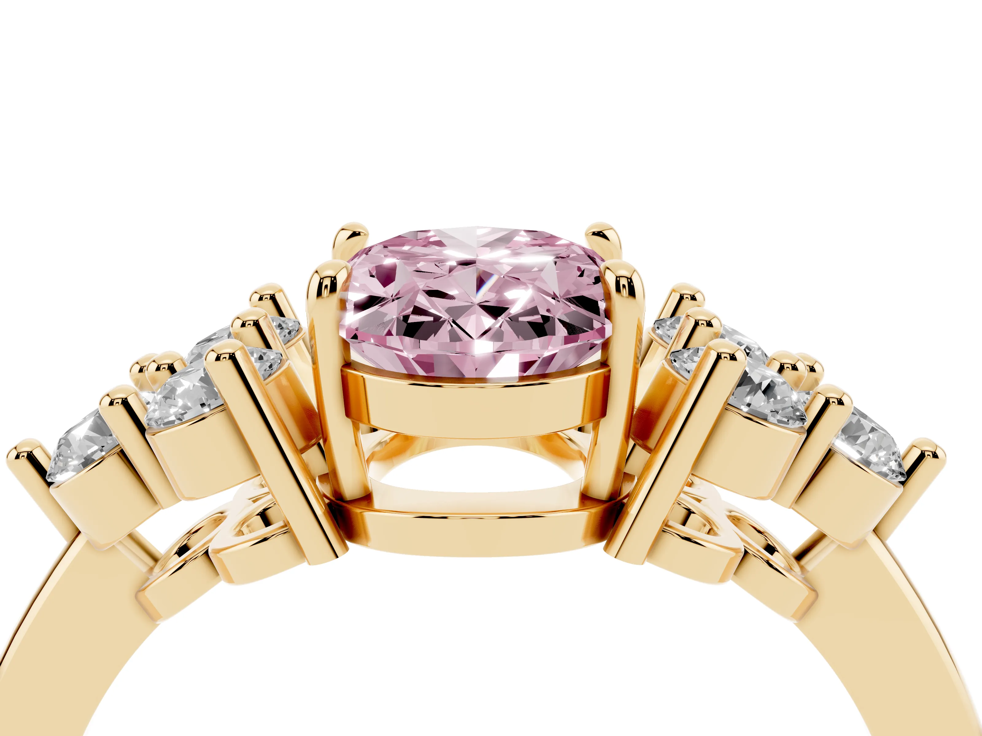 Fancy Pink Oval Cut Diamond Solitaire Ring Set in Yellow gold with Cluster Accents on Each Side
