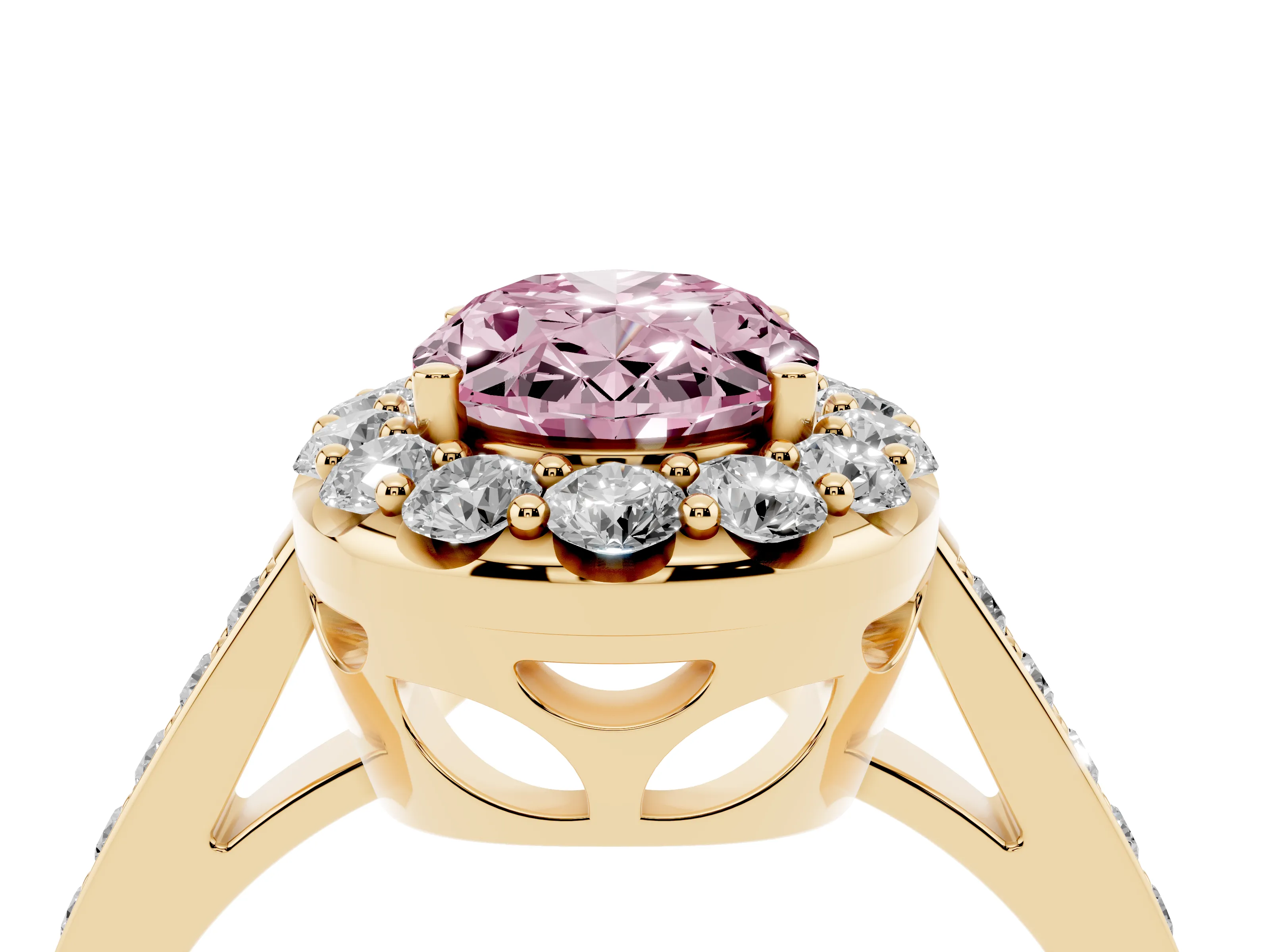 Fancy Pink Oval Cut Diamond Floral Halo Ring Set in Yellow gold with Pavé Band and Prong Setting
