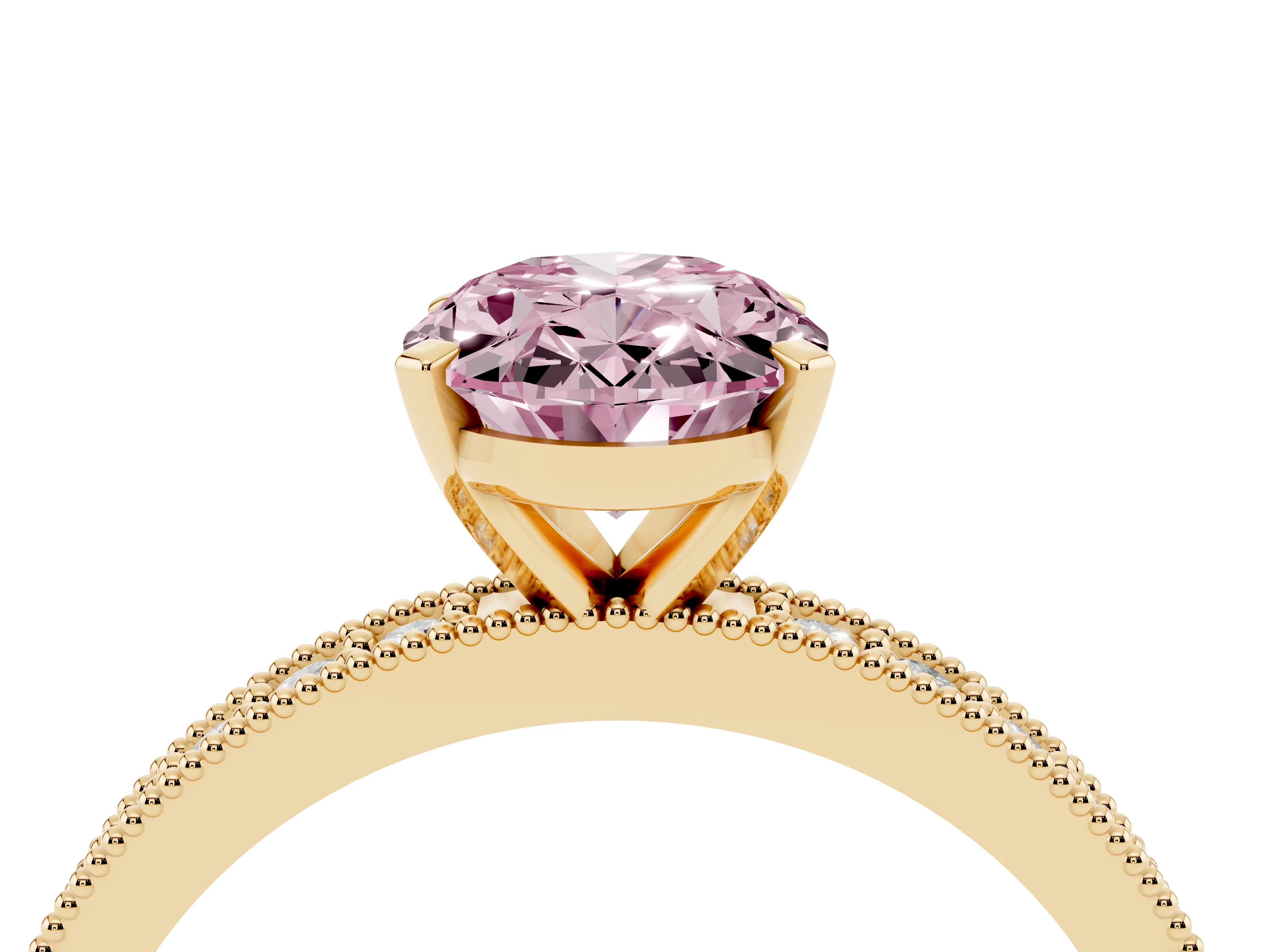 Fancy Pink Oval Cut Diamond Milgrain Pavé Engagement Ring Set in Yellow gold with Prong Setting