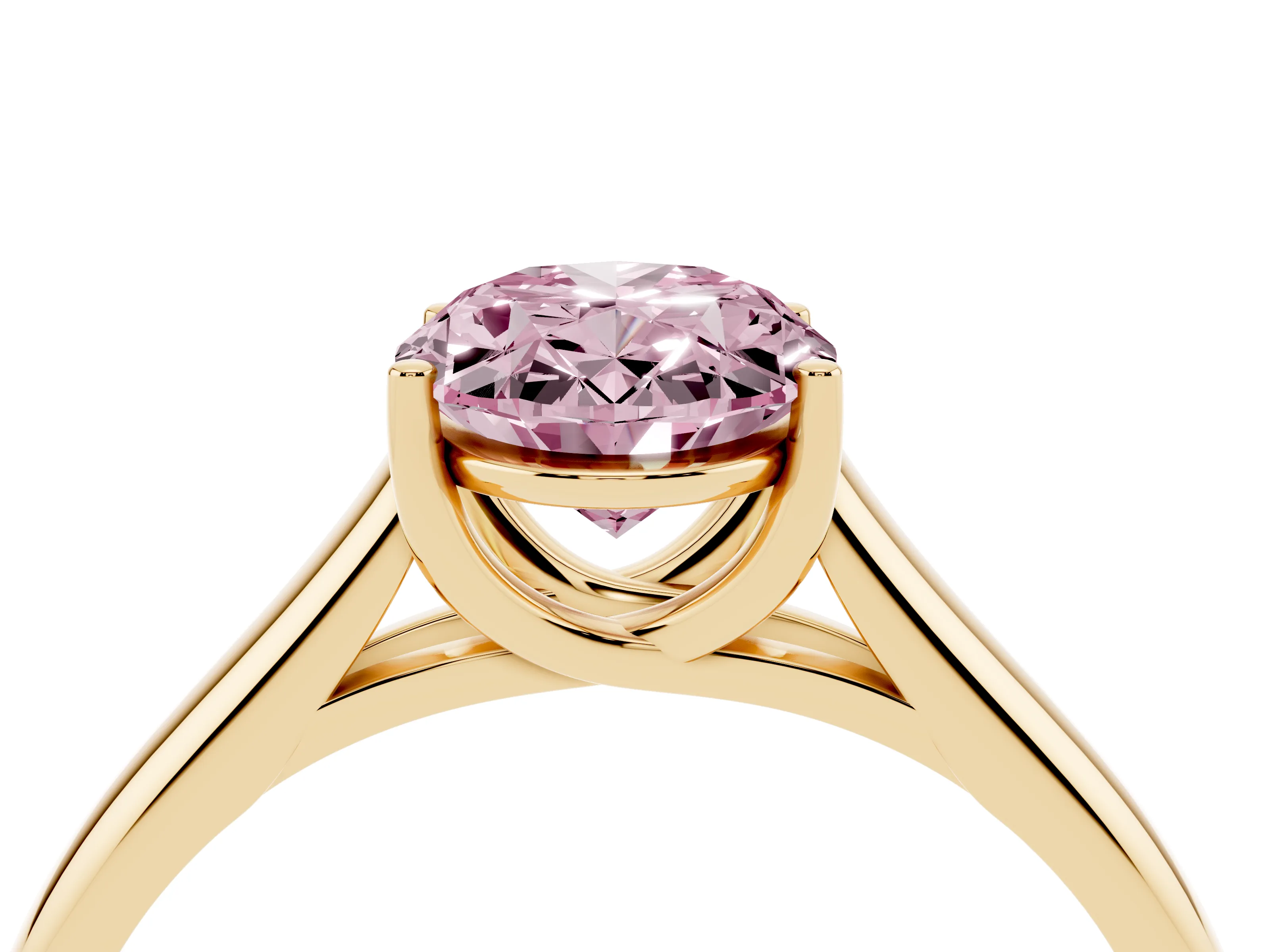 Fancy Pink Oval Cut Diamond Solitaire Engagement Ring Set in Yellow gold with Subtly Tapered Band and Prong Setting