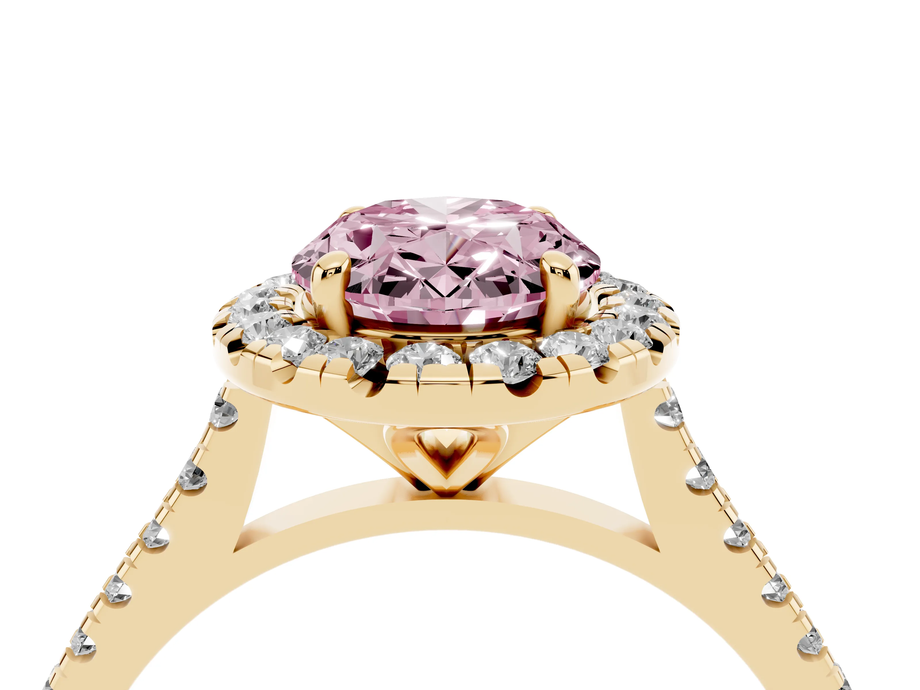 Fancy Pink Oval Cut Diamond Cushion Halo Ring Set in Yellow gold with Pavé Band