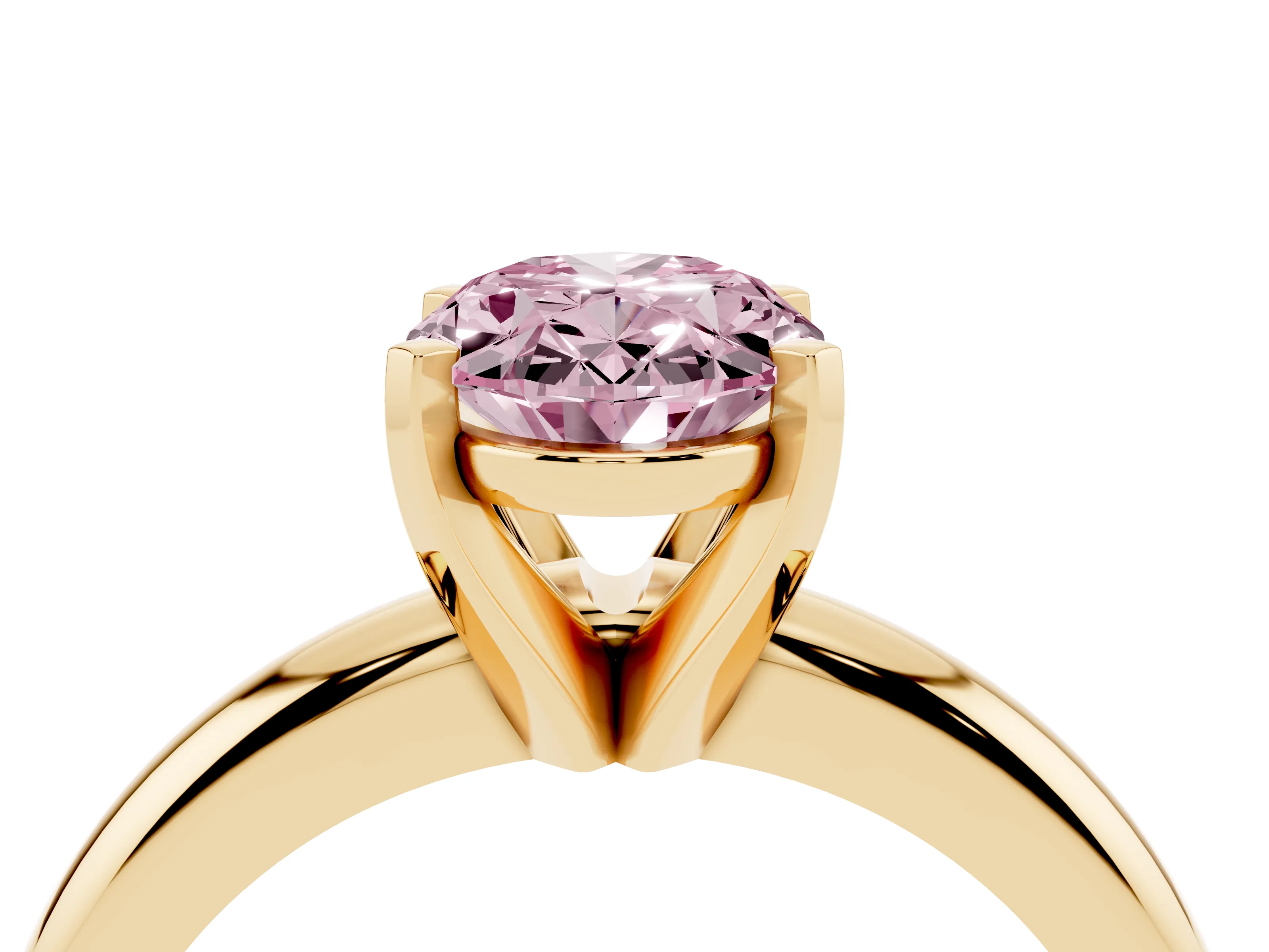 Fancy Pink Oval Cut Diamond Solitaire Engagement Ring Set in Yellow gold with Round Band and Prong Setting