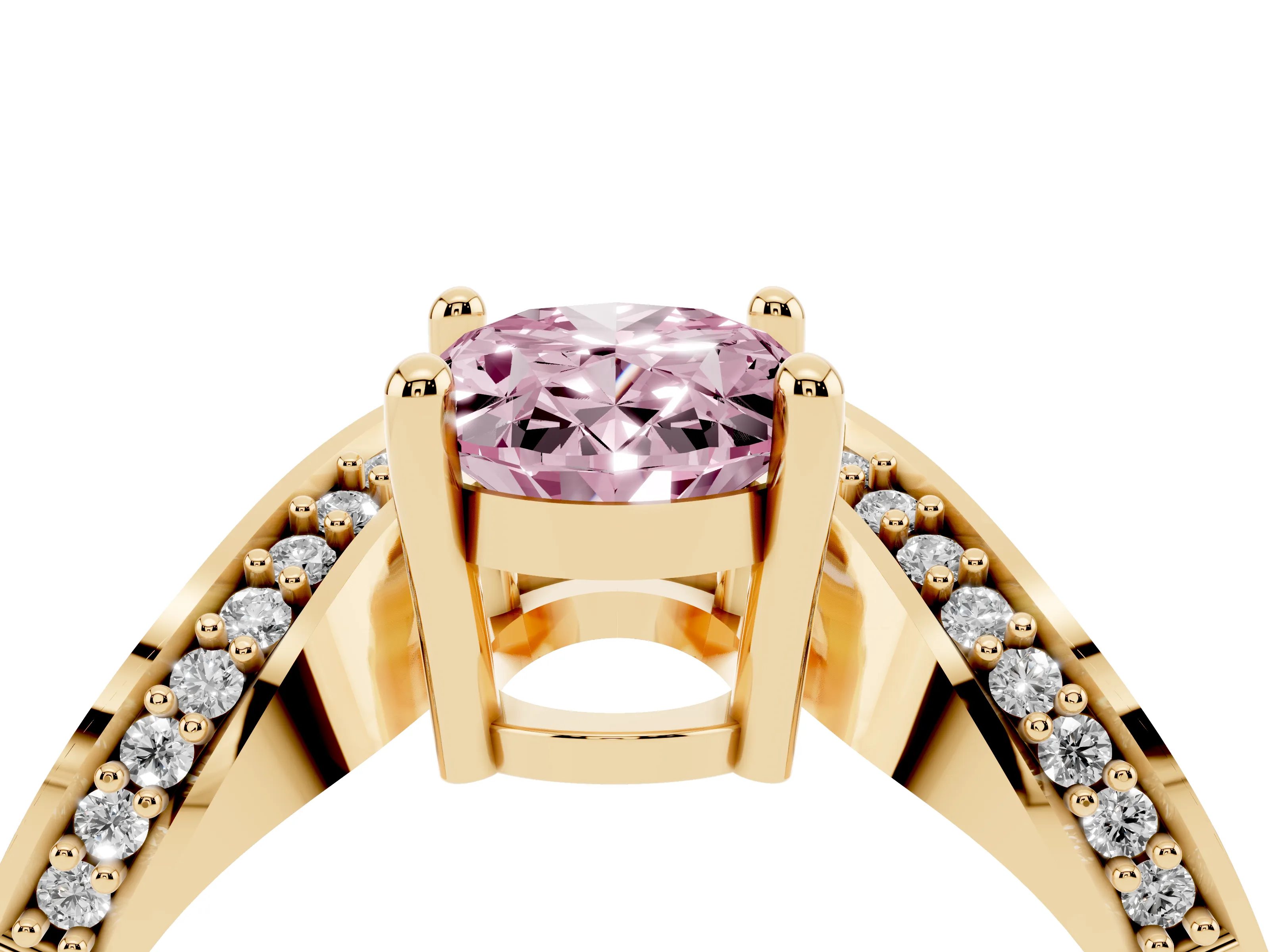 Fancy Pink Oval Cut Diamond Solitaire Engagement Ring Set in Yellow gold with Pavé Shoulders