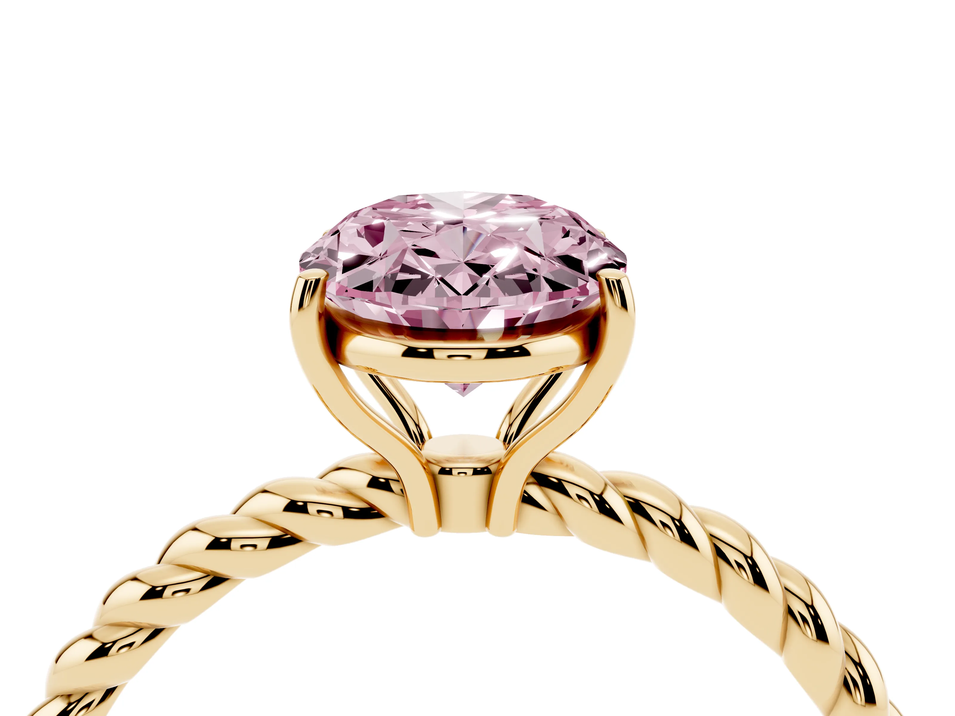 Fancy Pink Oval Cut Diamond Solitaire Twisted Band Ring Set in Yellow gold with Prong Solitaire Setting