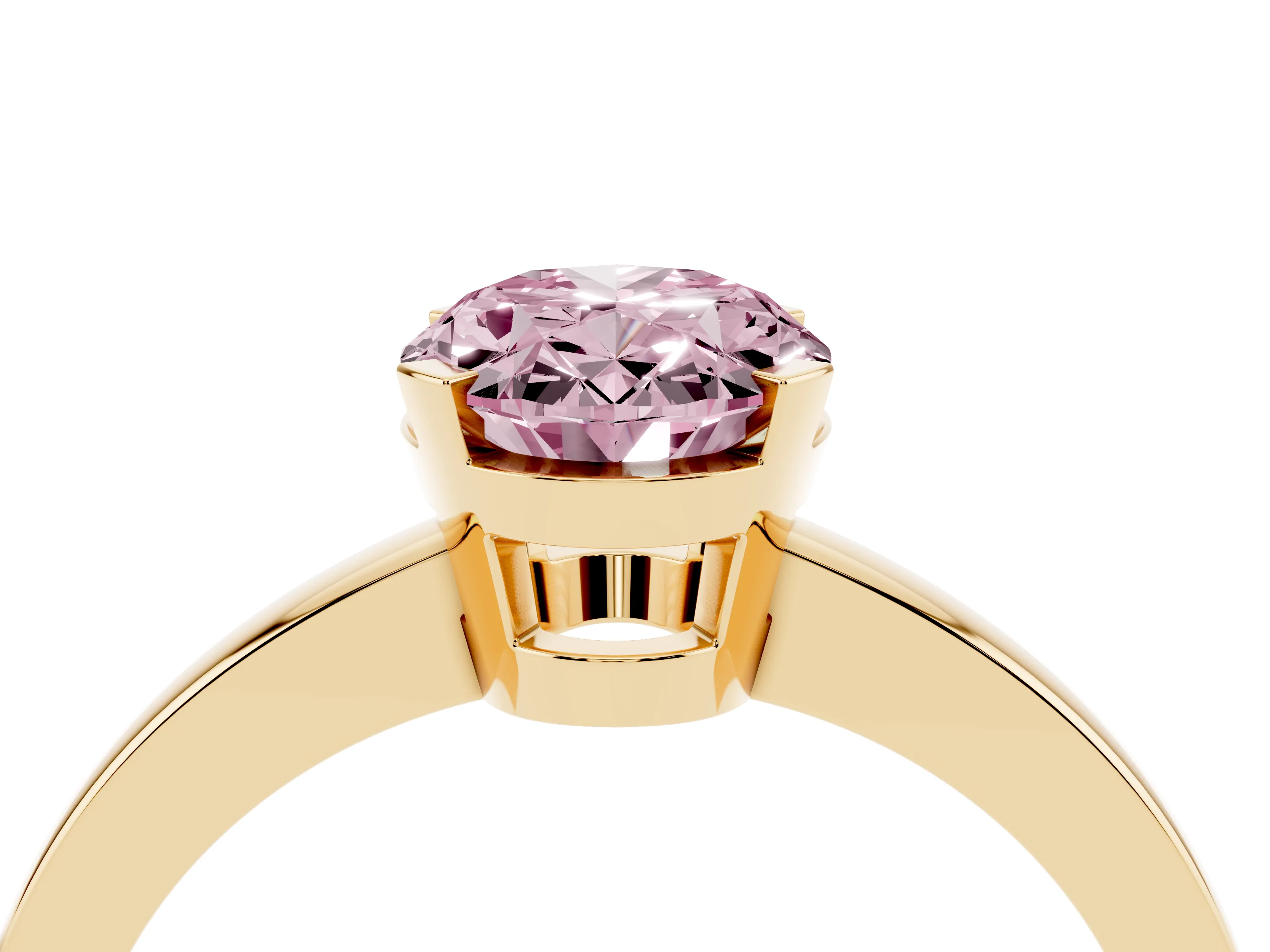 Fancy Pink Oval Cut Diamond Solitaire Ring Set in Yellow gold with Prong Head and Smooth Polished Band