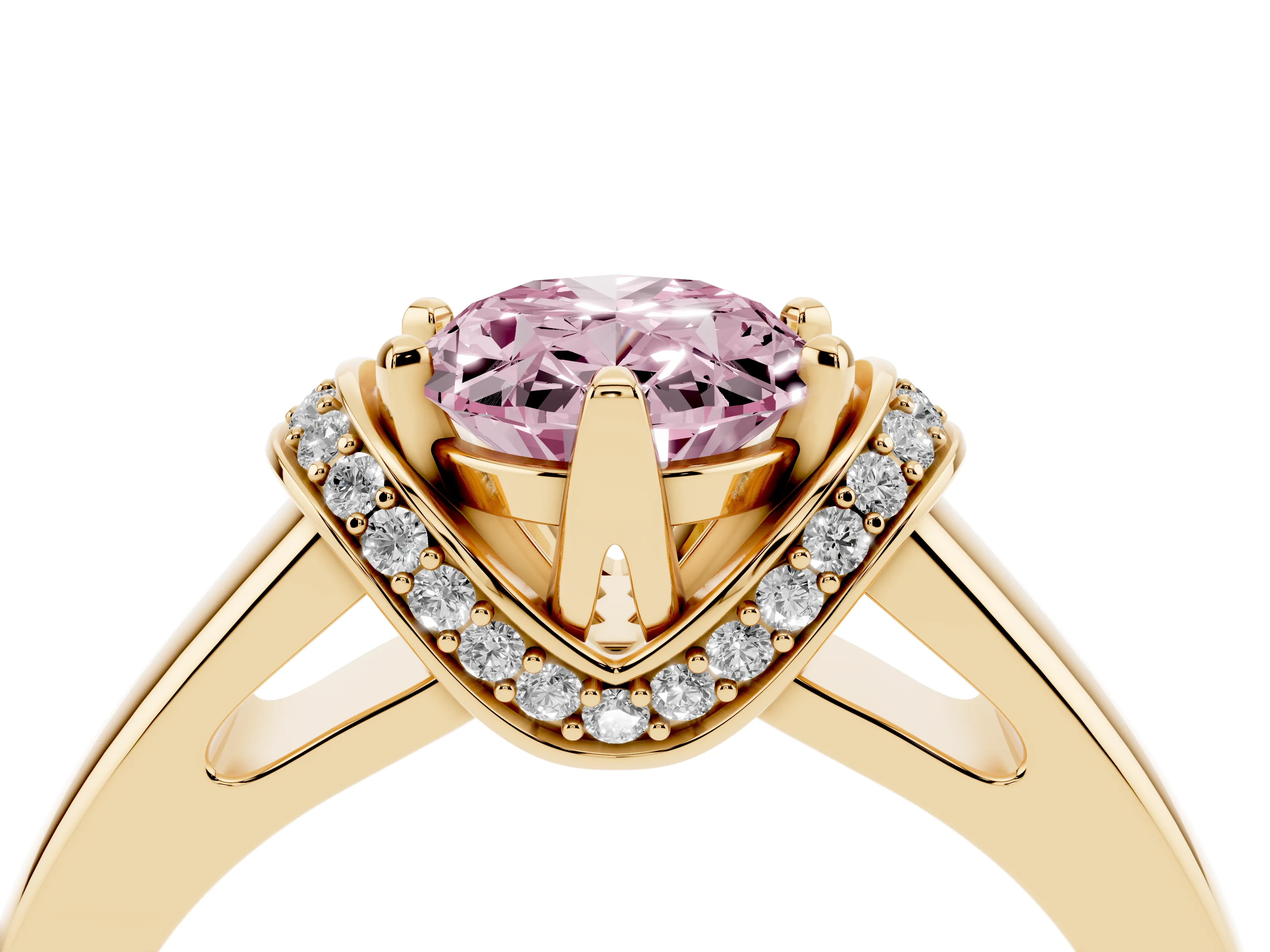 Fancy Pink Oval Cut Diamond Pavé Band Solitaire Ring Set in Yellow gold with Prong Setting
