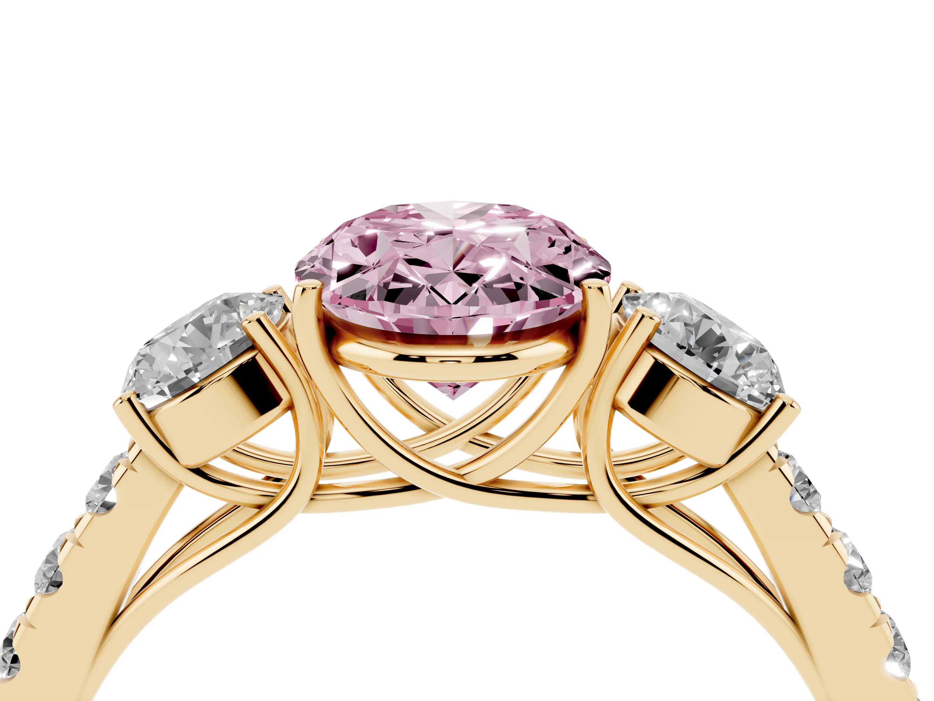 Fancy Pink Oval Cut Diamond Three-Stone Ring Set in Yellow gold with Round Side Stones and Delicate Pavé Band
