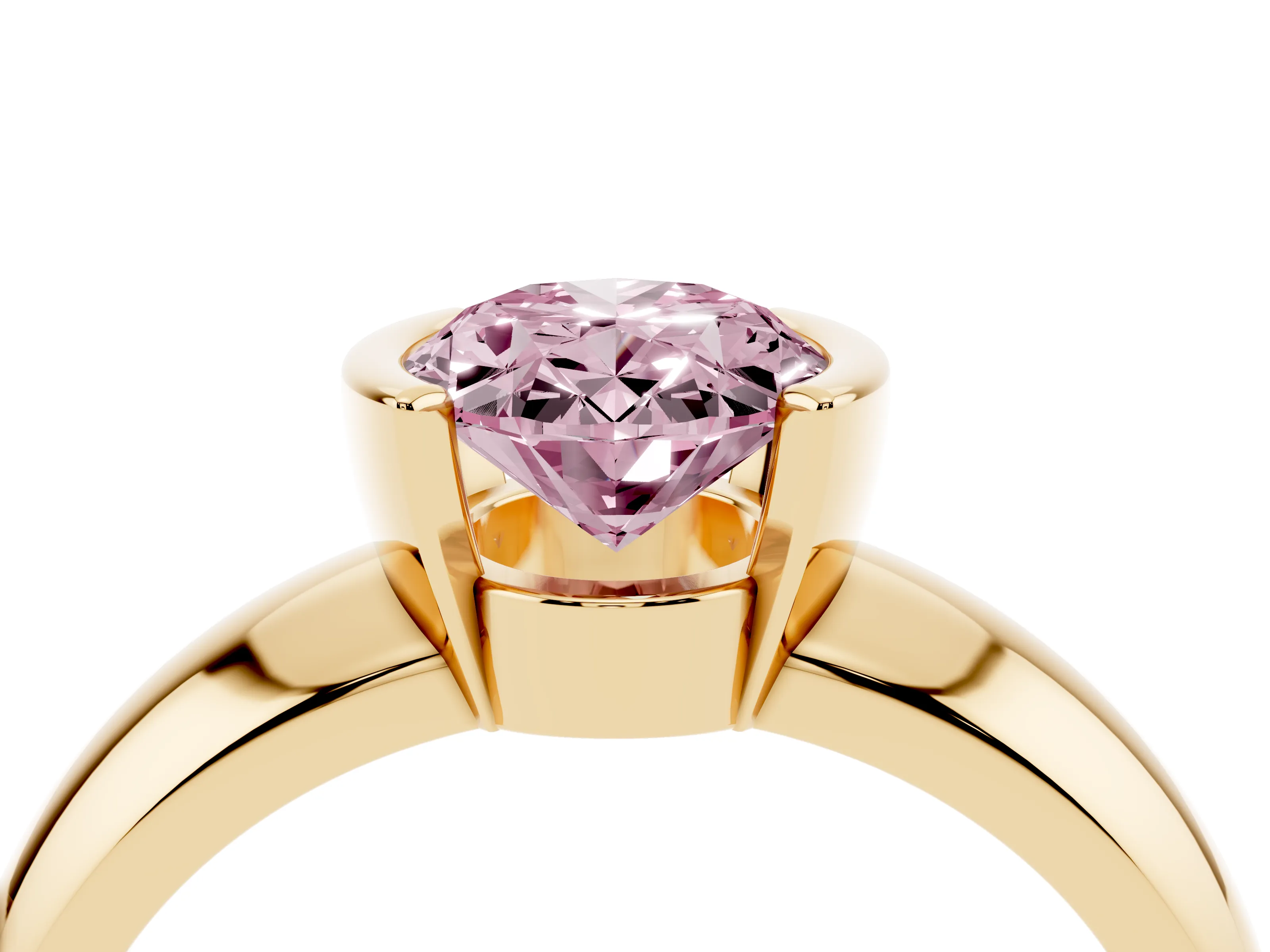 Fancy Pink Oval Cut Diamond Solitaire Tension Set Ring Set in Yellow gold with Wide Band