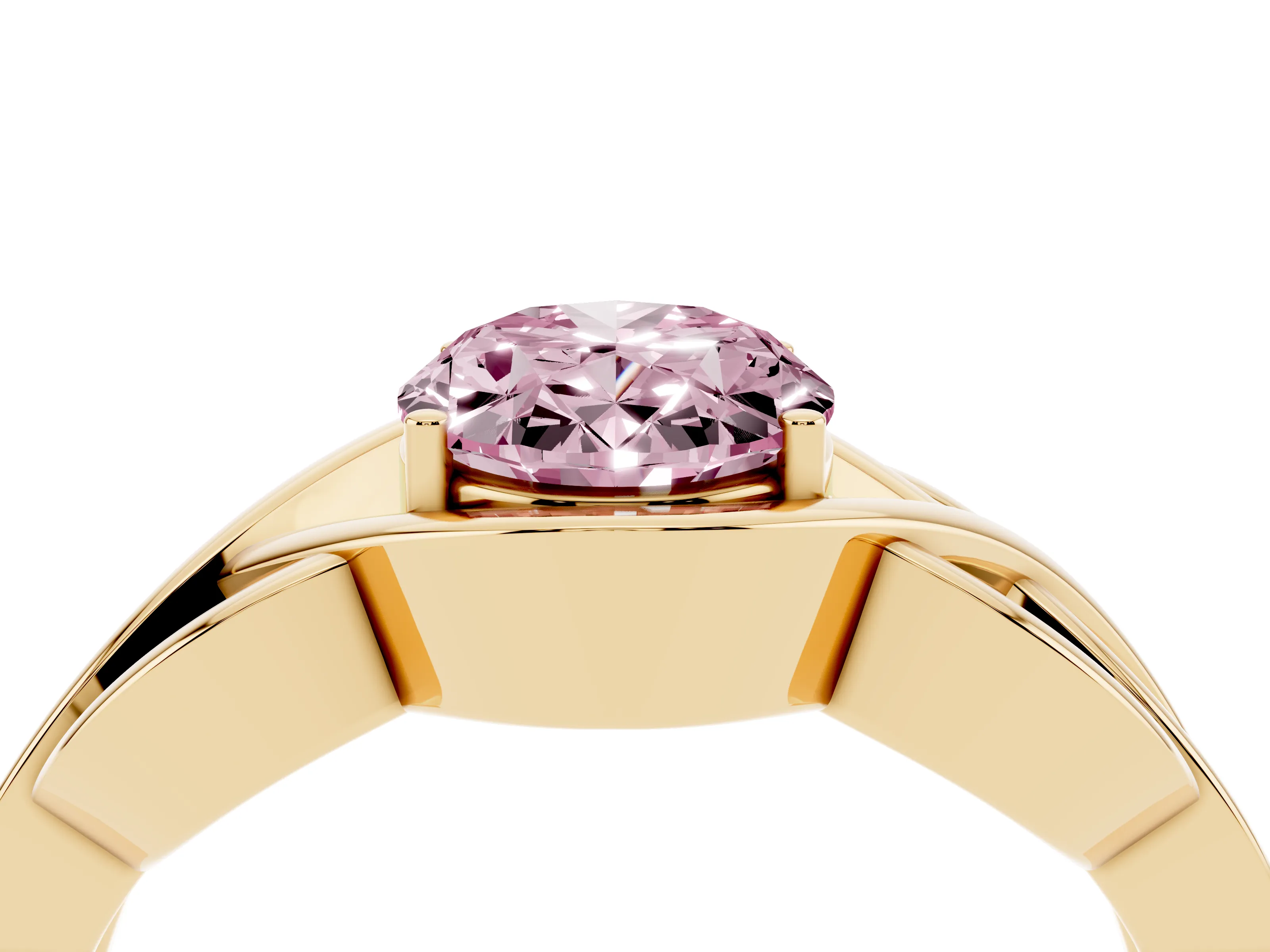 Fancy Pink Oval Cut Diamond Solitaire Ring Set in Yellow gold with Intertwined Band