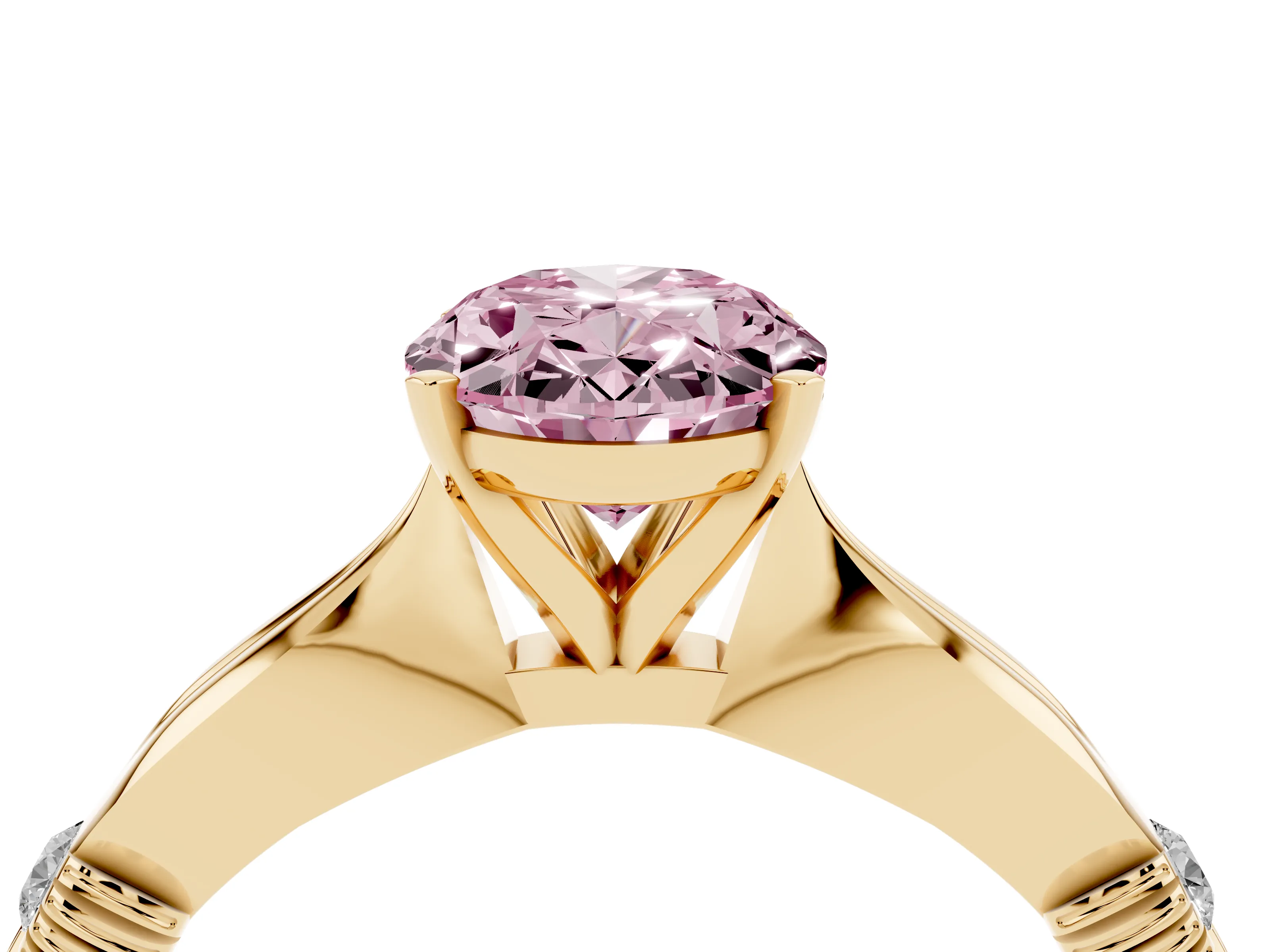 Fancy Pink Oval Cut Diamond Solitaire Twisted Band Ring Set in Yellow gold with Accent Stones and Prong Setting