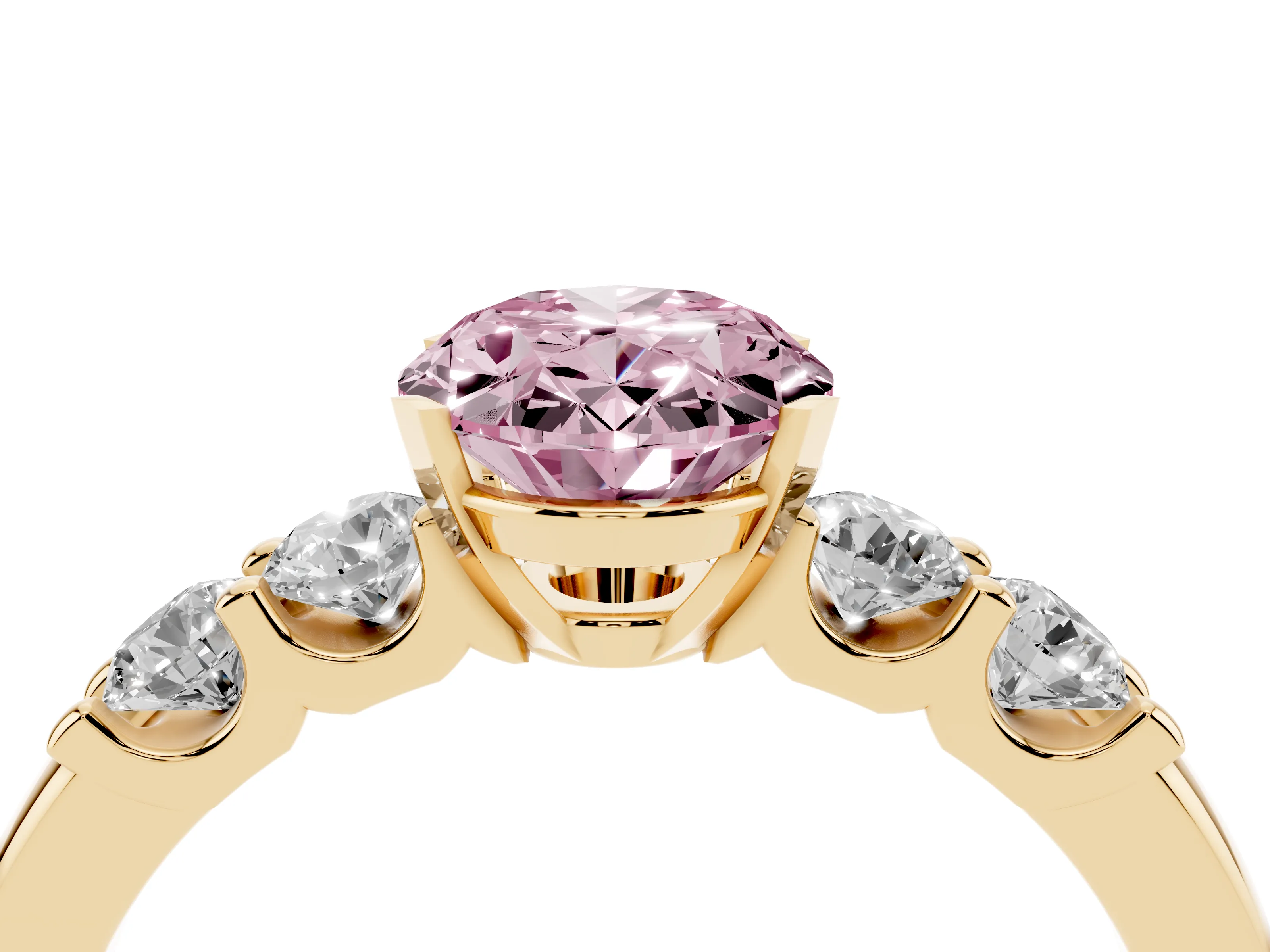 Fancy Pink Oval Cut Diamond Five-Stone Prong Set Engagement Ring Set in Yellow gold with Channel Band