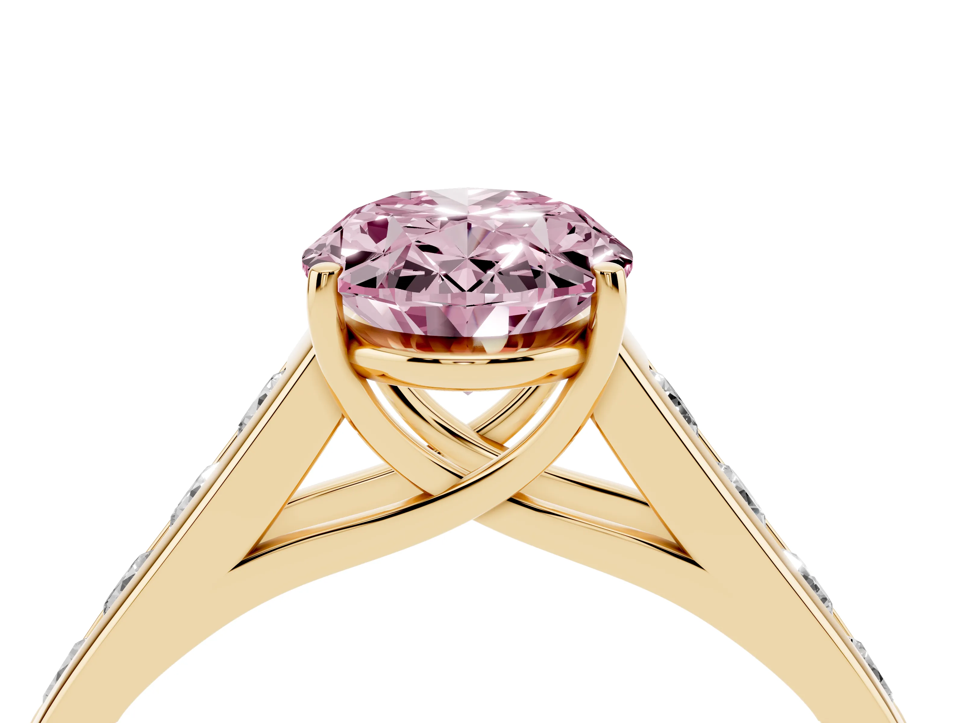 Fancy Pink Oval Cut Diamond Solitaire Channel-Set Engagement Ring Set in Yellow gold with Prong Setting