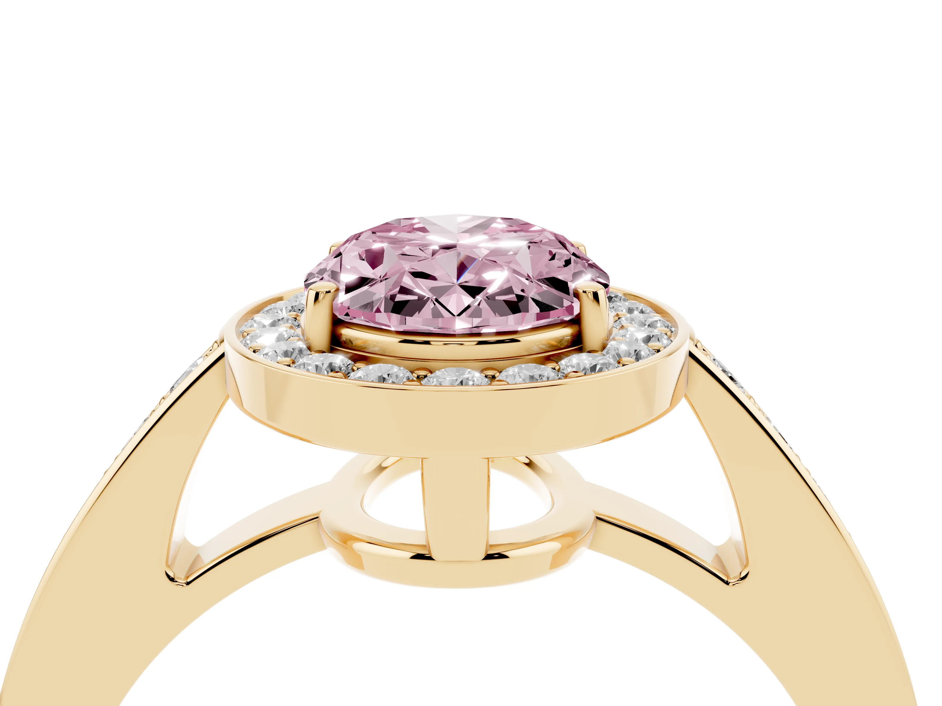 Fancy Pink Oval Cut Diamond Halo Pavé Engagement Ring Set in Yellow gold with Bezel Setting