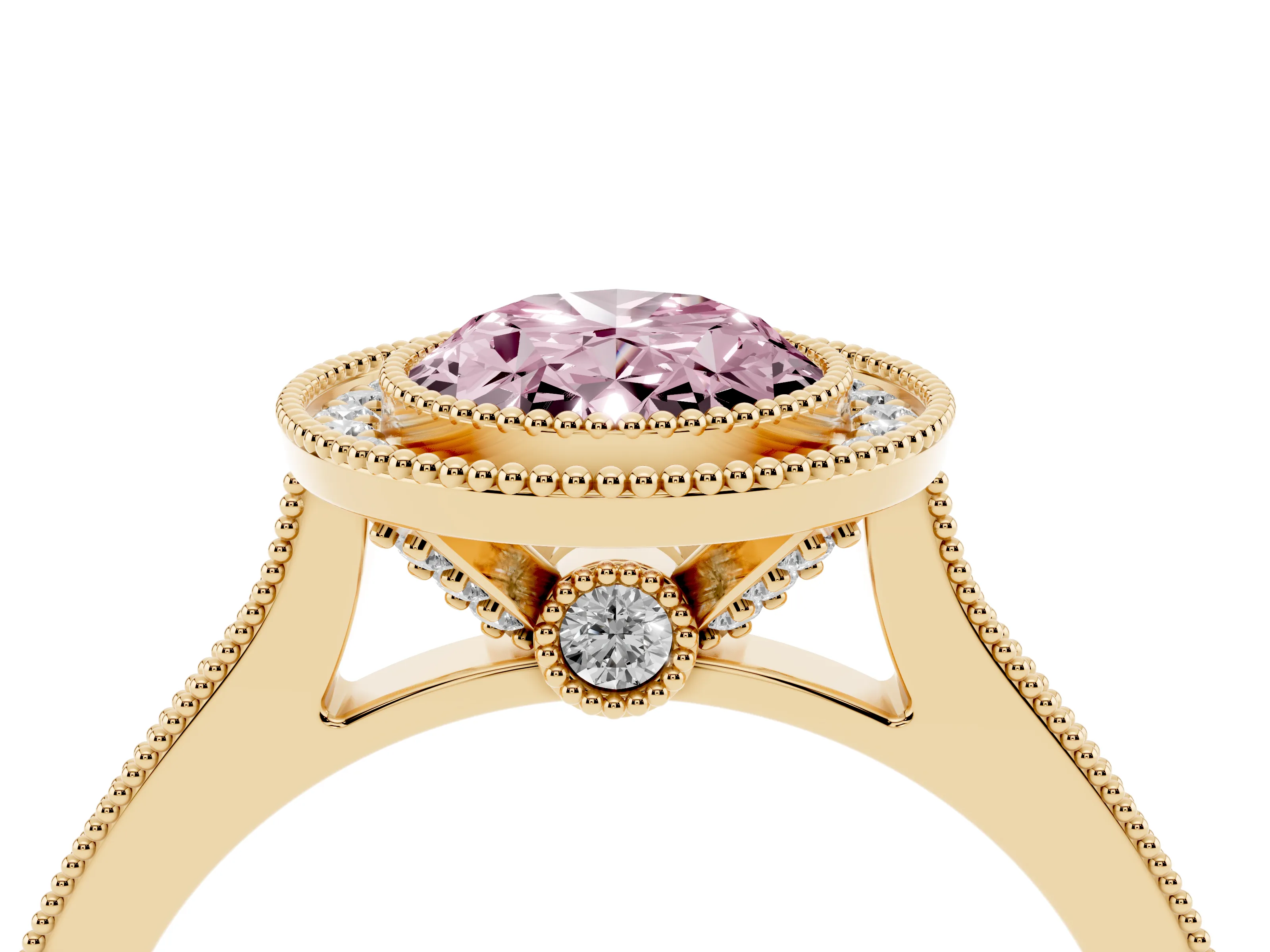 Fancy Pink Oval Cut Diamond Halo Milgrain Pavé Band Ring Set in Yellow gold with Prong Setting