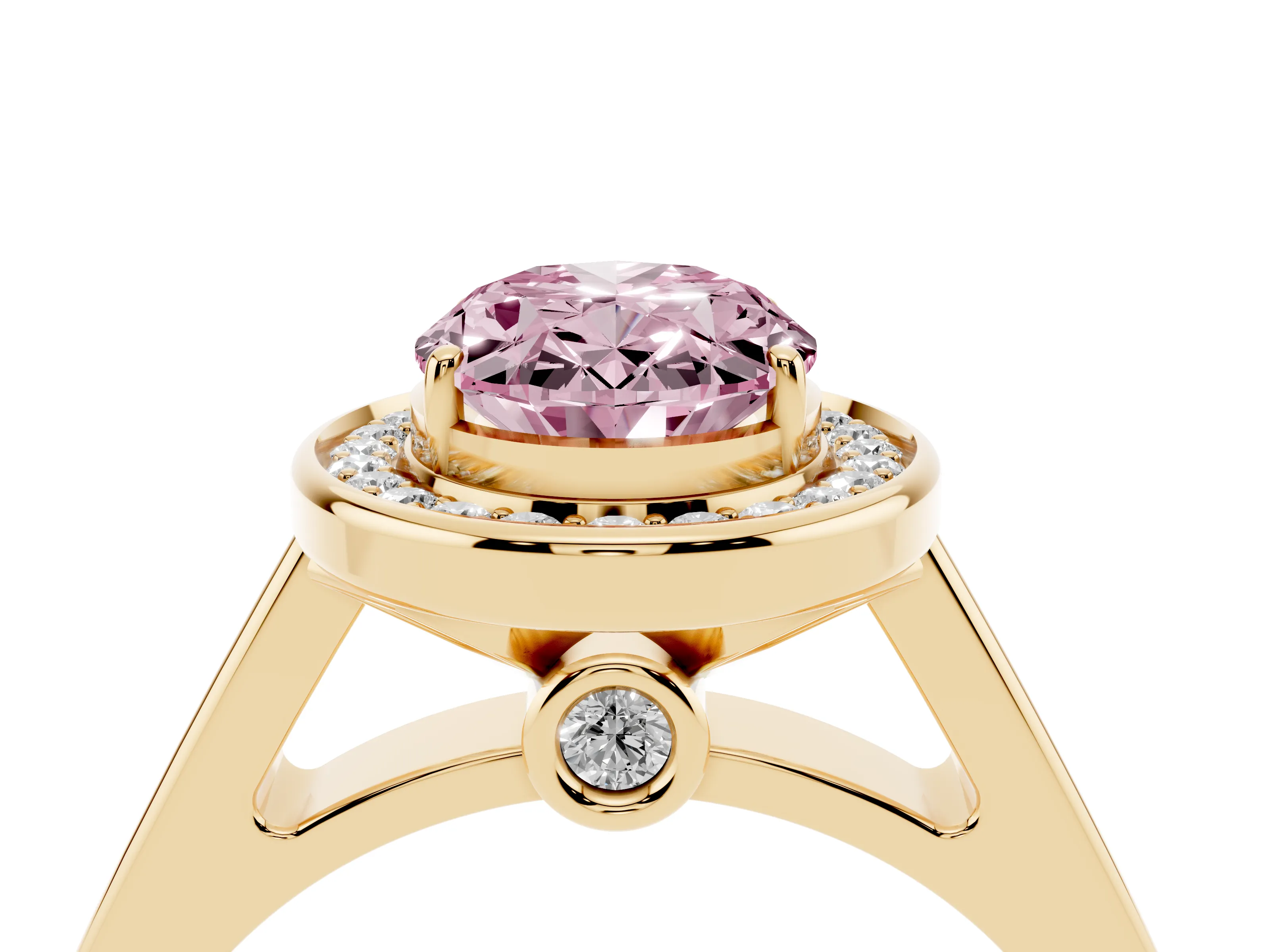 Fancy Pink Oval Cut Diamond Halo Solitaire Ring Set in Yellow gold with Pavé Band and Bezel Setting