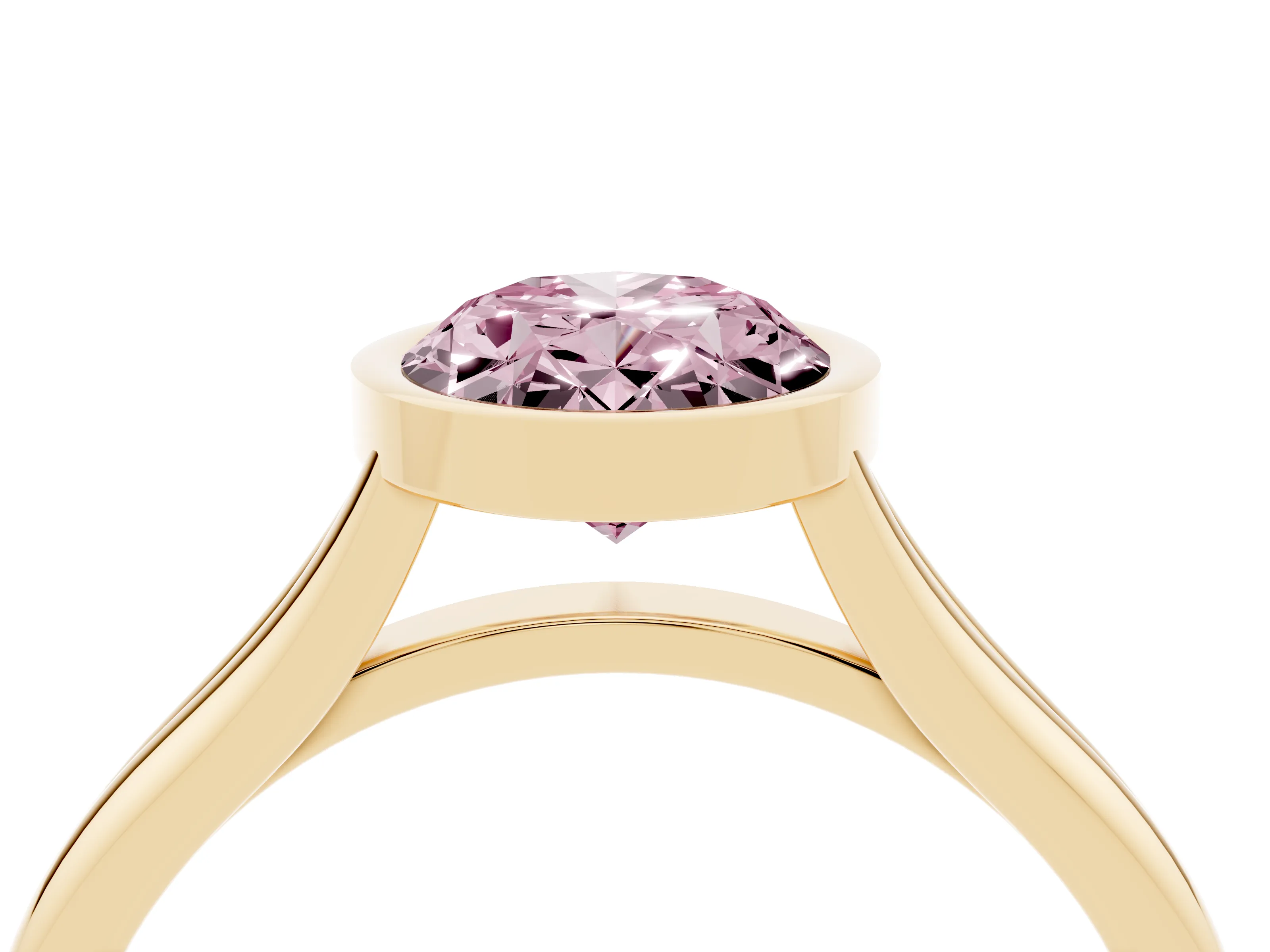 Fancy Pink Bezel Set Oval Cut Diamond Solitaire Ring Set in Yellow gold with Tapered Band