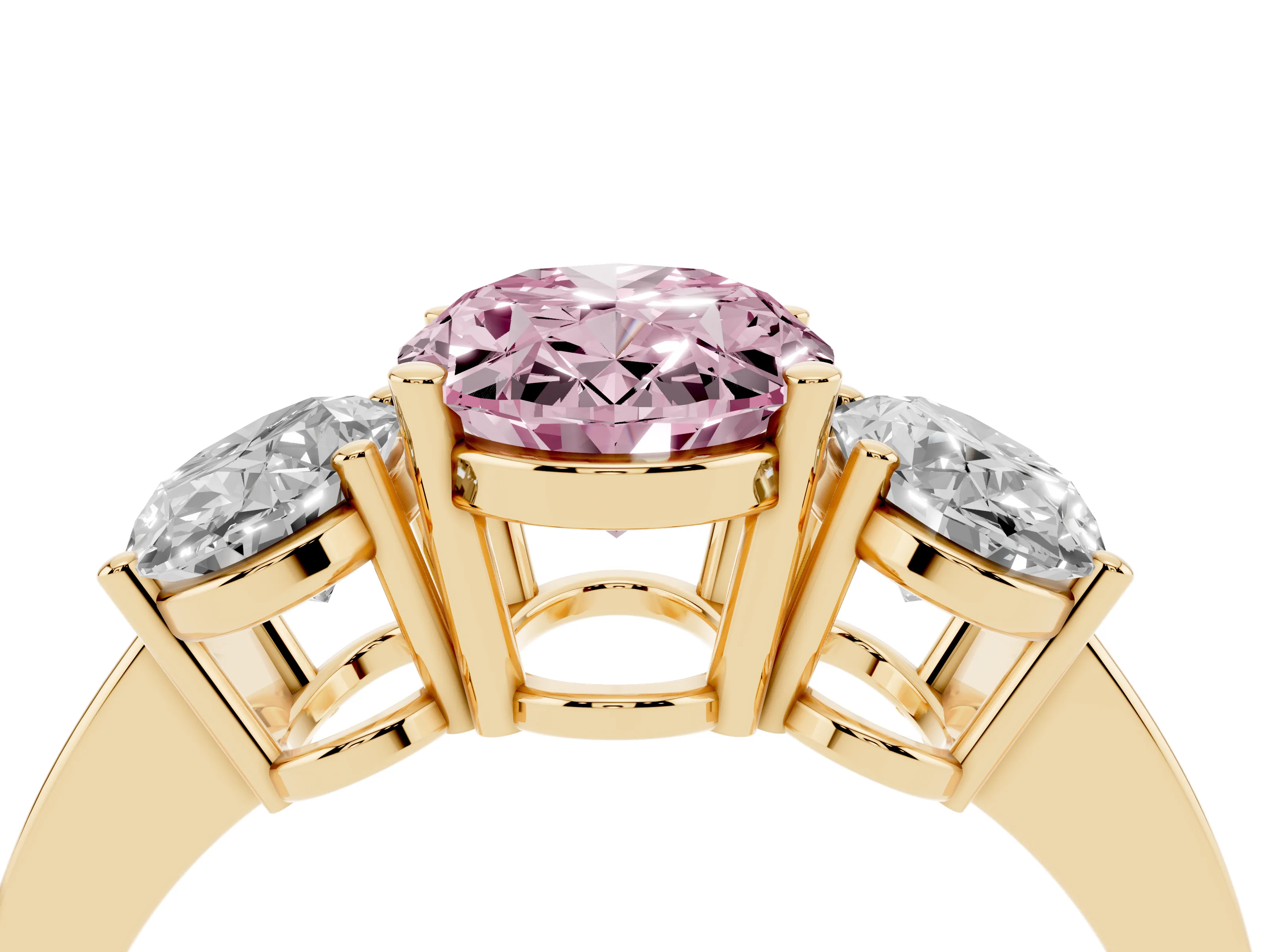 Fancy Pink Oval Cut Diamond Three-Stone Engagement Ring Set in Yellow gold with Flat Band