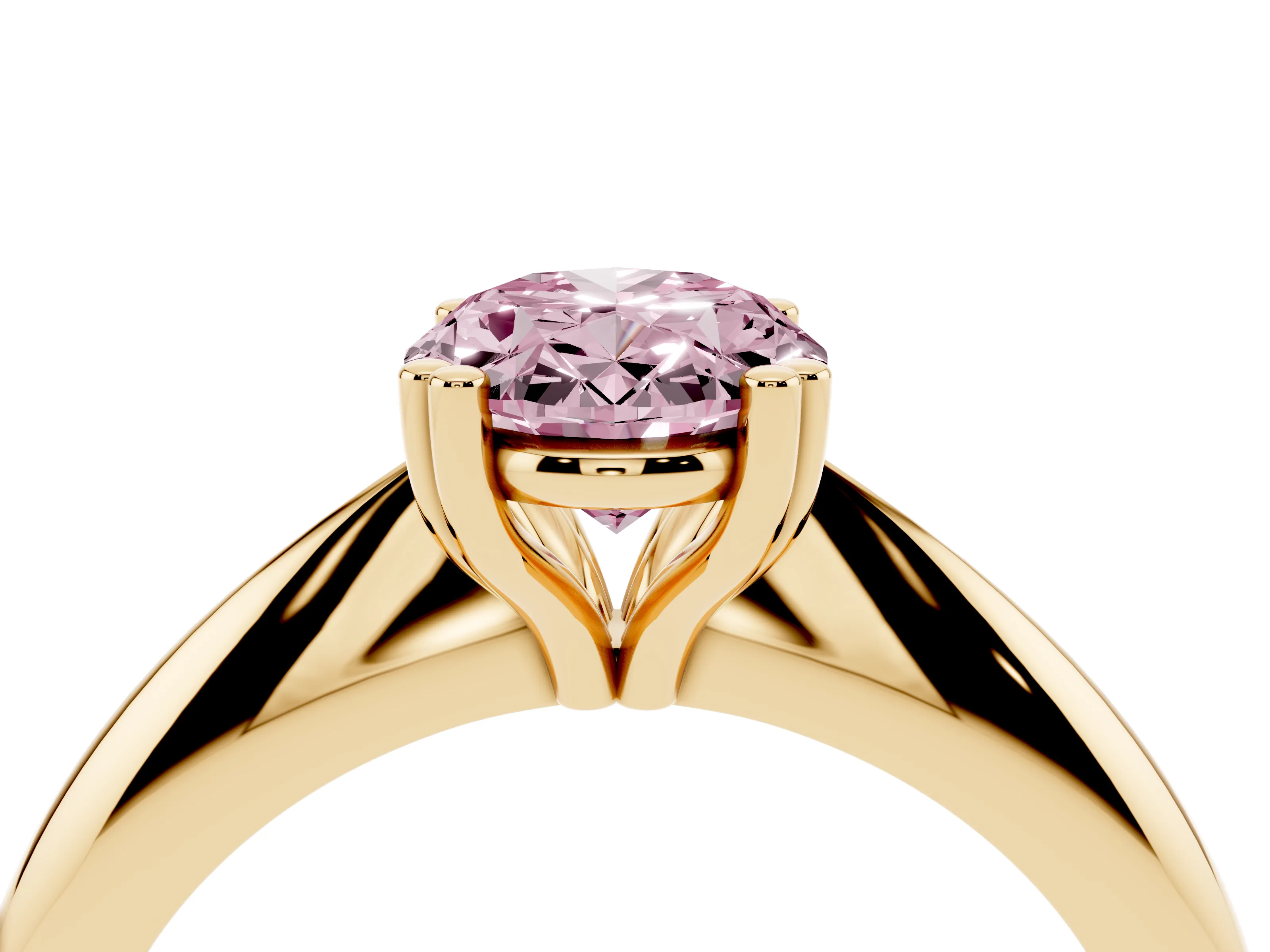 Fancy Pink Oval Cut Diamond Solitaire Engagement Ring Set in Yellow gold with Tapered Band and Prong Setting
