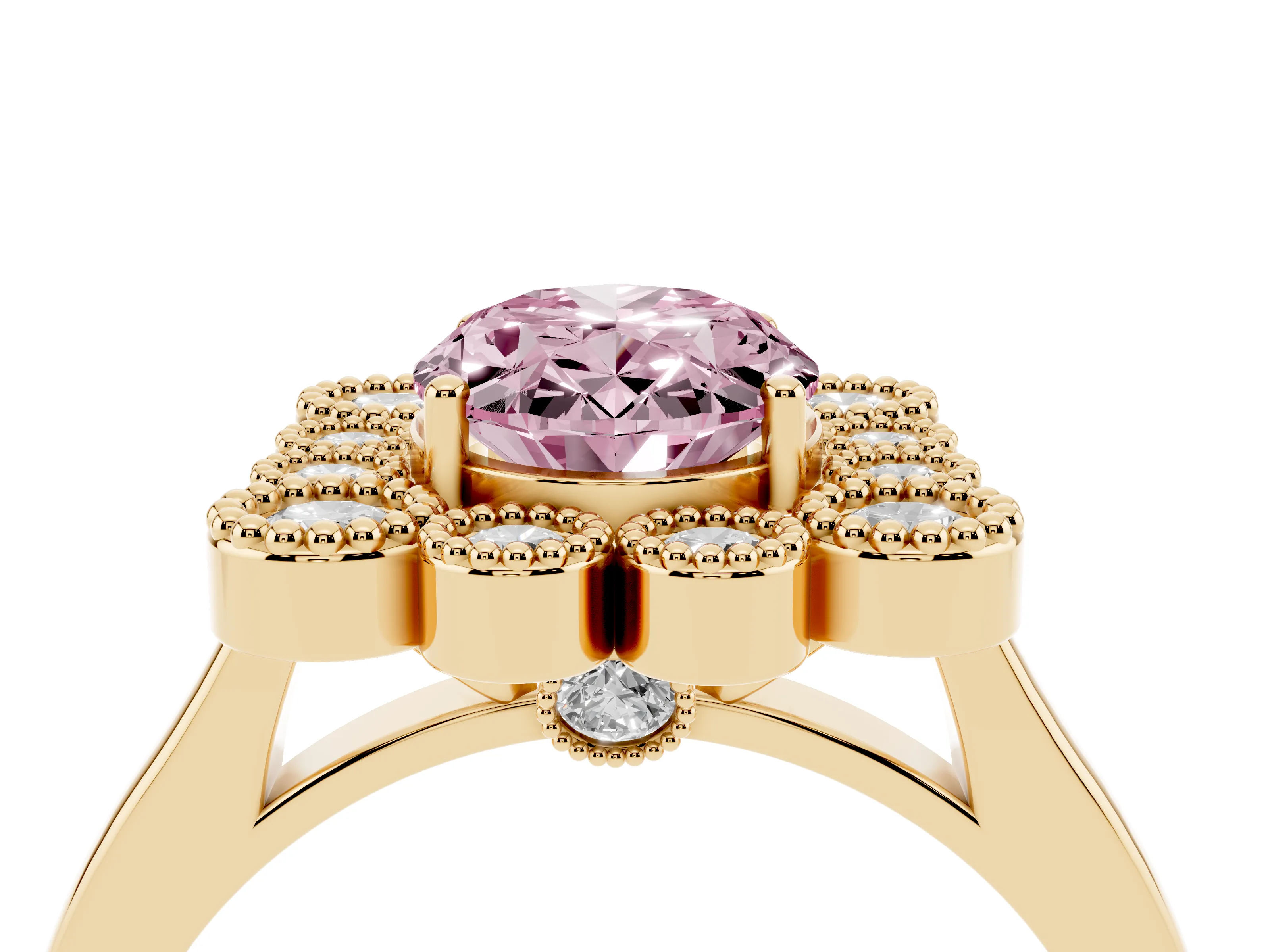 Fancy Pink Oval Cut Diamond Cluster Halo Ring Set in Yellow gold with Milgrain Bezel Accents and Plain Band
