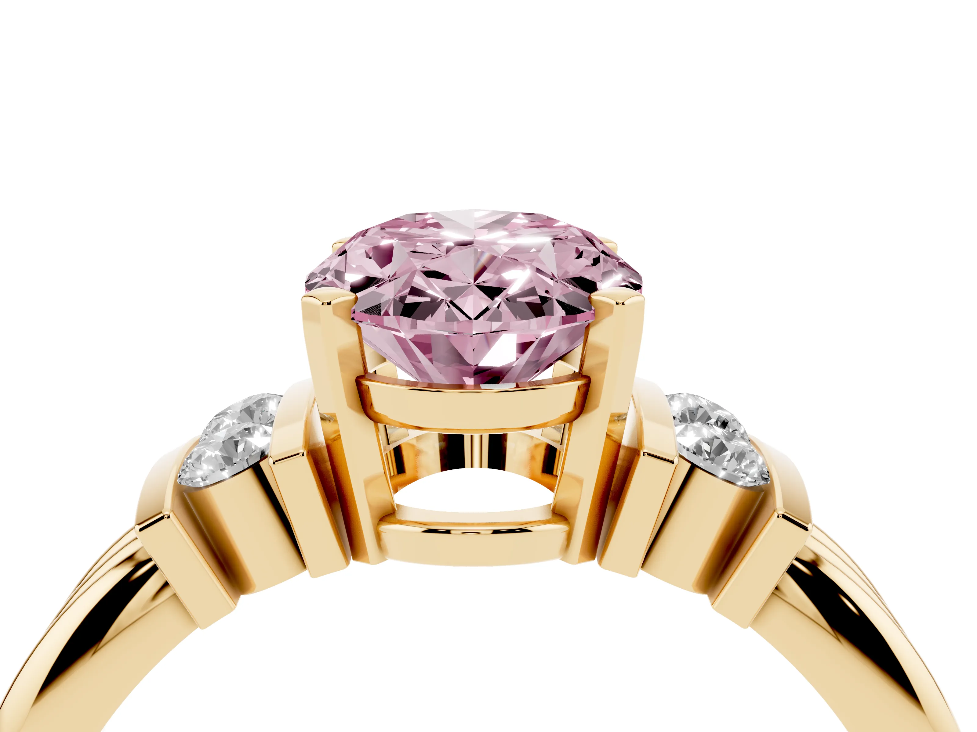 Fancy Pink Three-Stone Oval Cut Diamond Channel Set Ring Set in Yellow gold with Bar Prongs